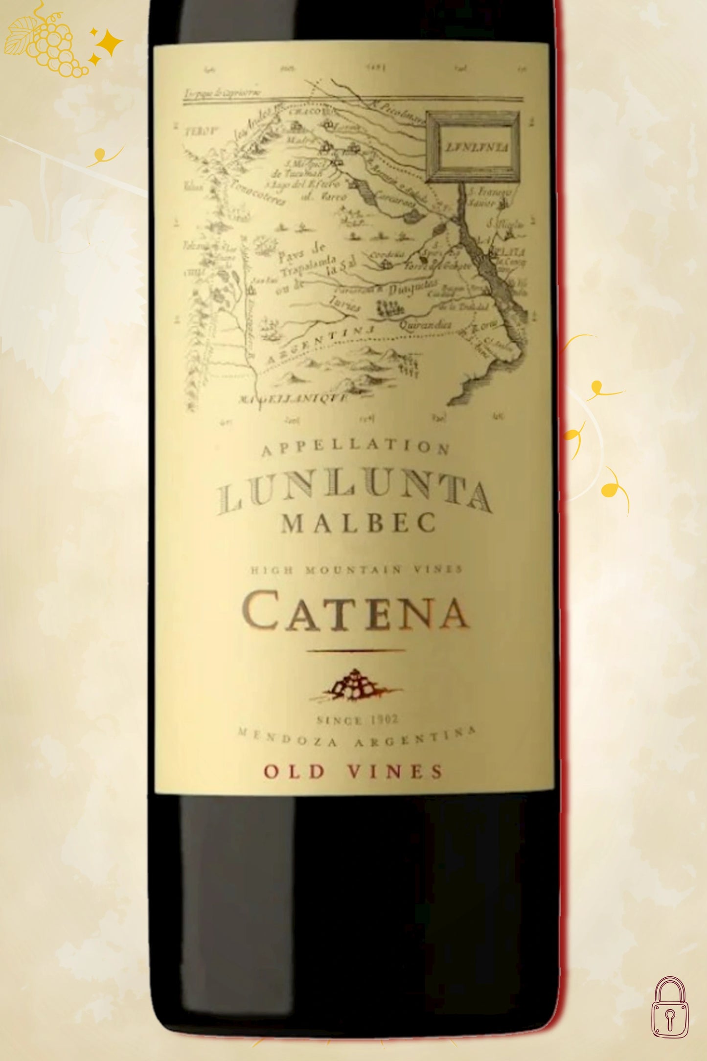 Close-up label Catena Zapata Lunlunta Malbec 2022 – wijngaard en vintage details