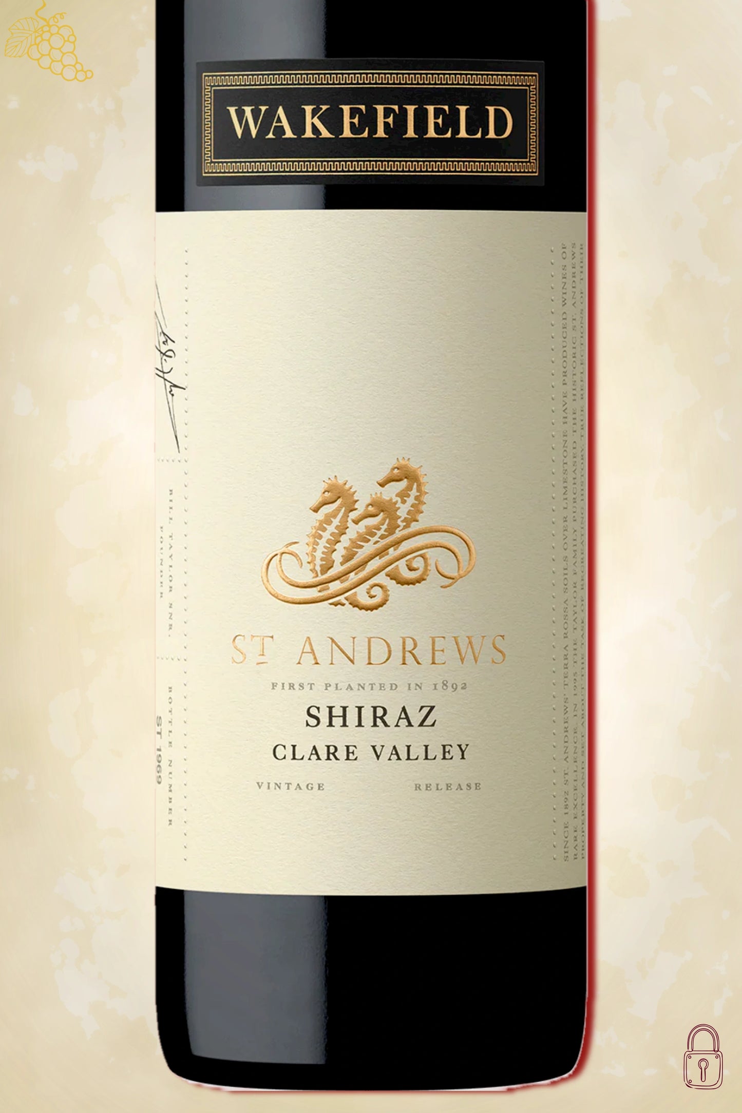 Close-up label Wakefield St. Andrews Shiraz 2018 – logo en vintage details zichtbaar