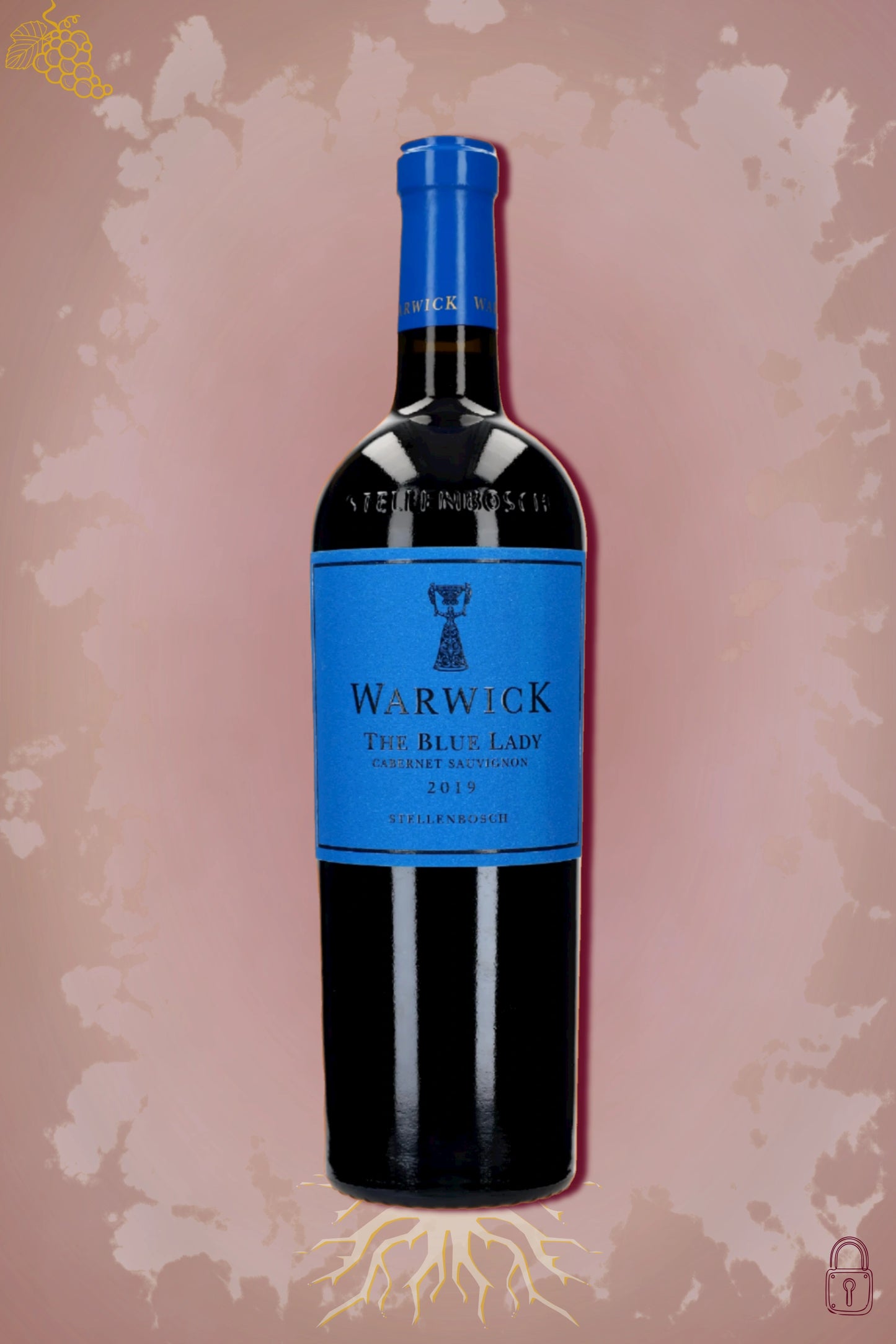 Warwick The Blue Lady 2019 tegen bordeaux achtergrond – premium rode wijn