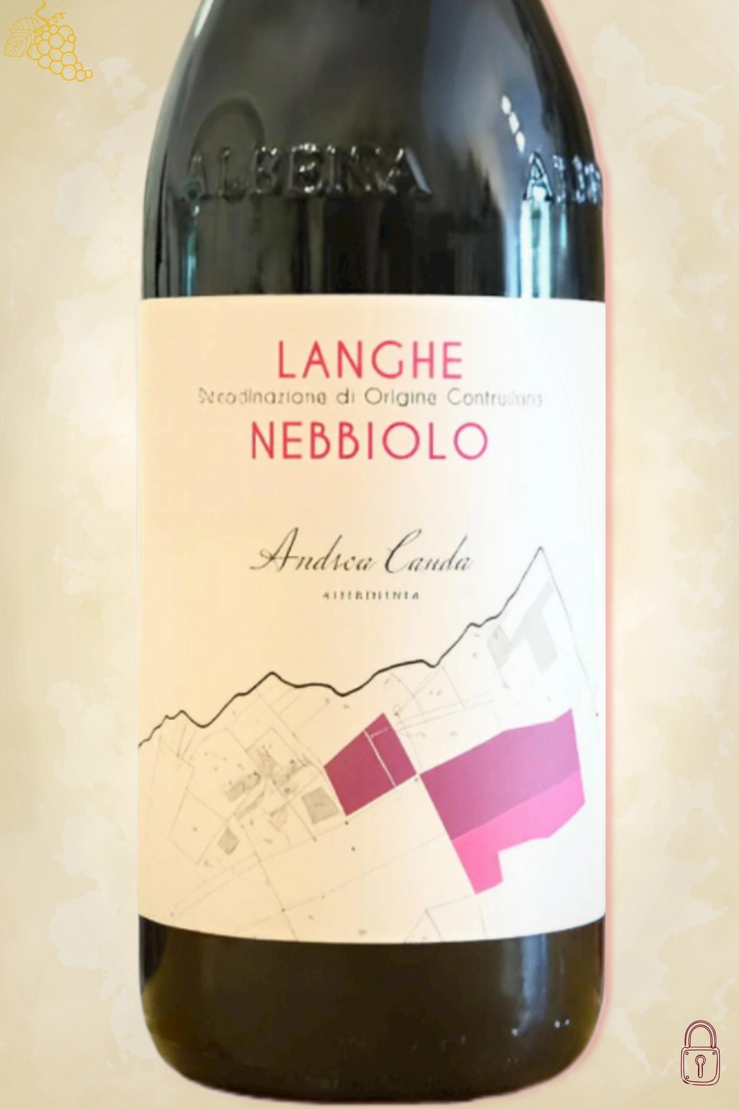 Close-up label Andrea Cauda Langhe Nebbiolo 2020 – logo en vintage details