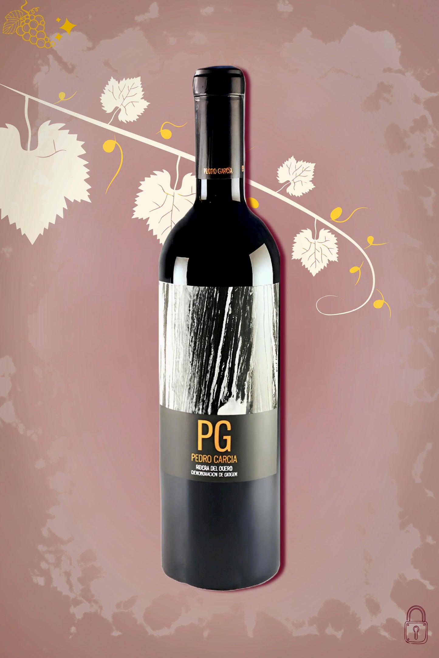 Fles García de Aranda Pedro García 2010 uit Ribera del Duero tegen een bordeauxrode achtergrond.