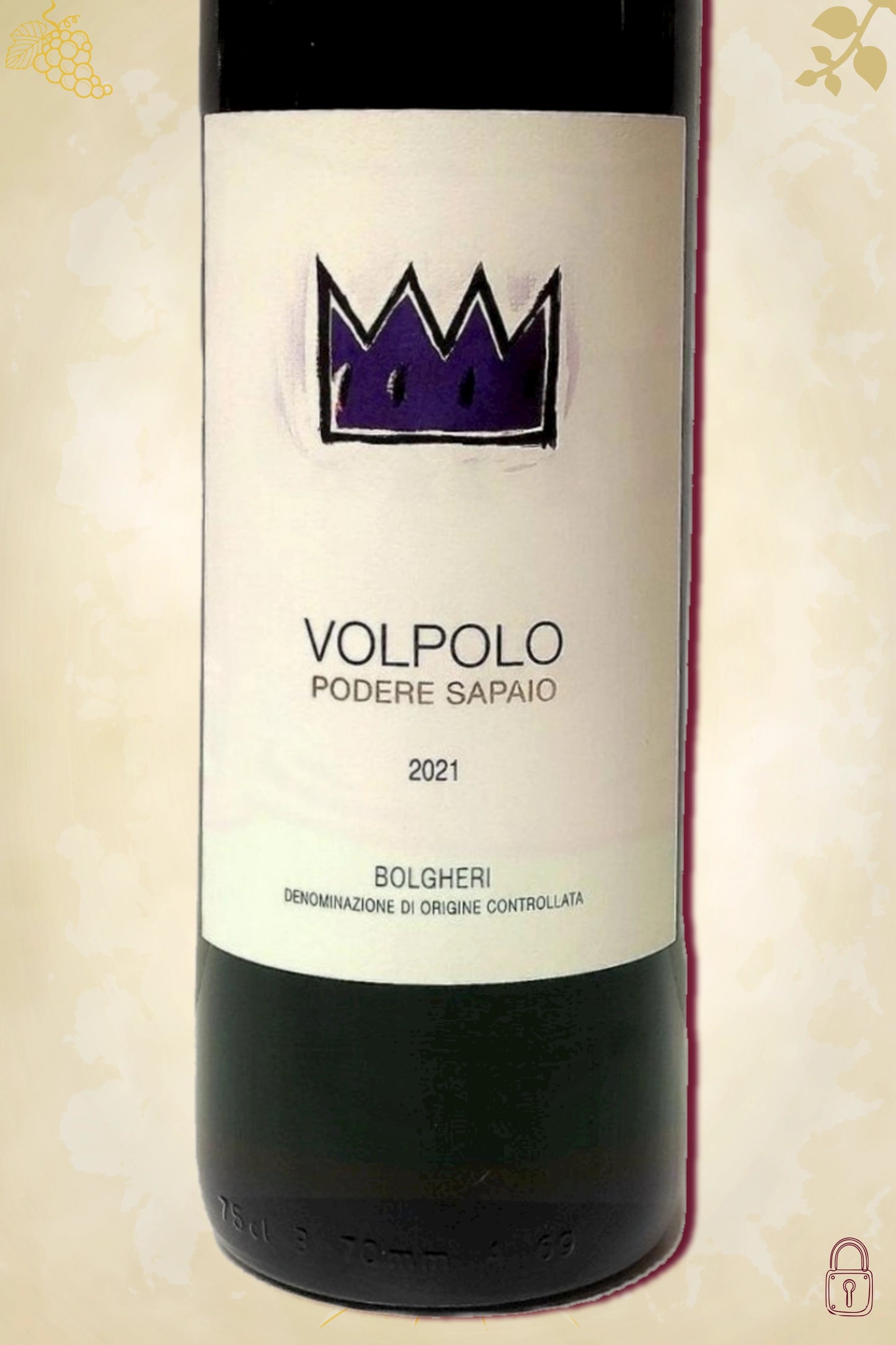 Close-up label Volpolo 2021 – Podere Sapaio logo en Bolgheri details