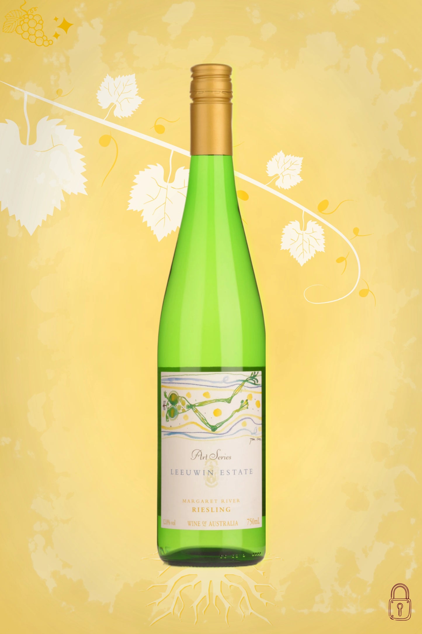 Leeuwin Estate Art Series Riesling 2021 tegen gouden achtergrond – premium witte wijn