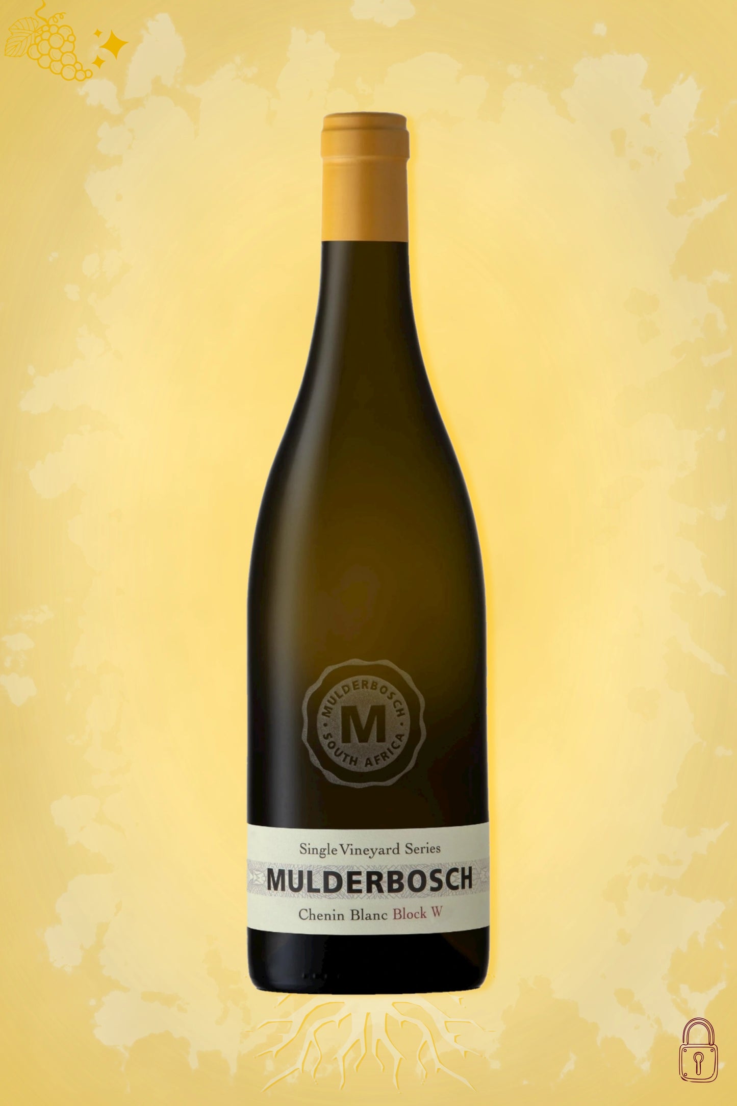 Mulderbosch Chenin Blanc Block W 2020 tegen gouden achtergrond – premium witte wijn