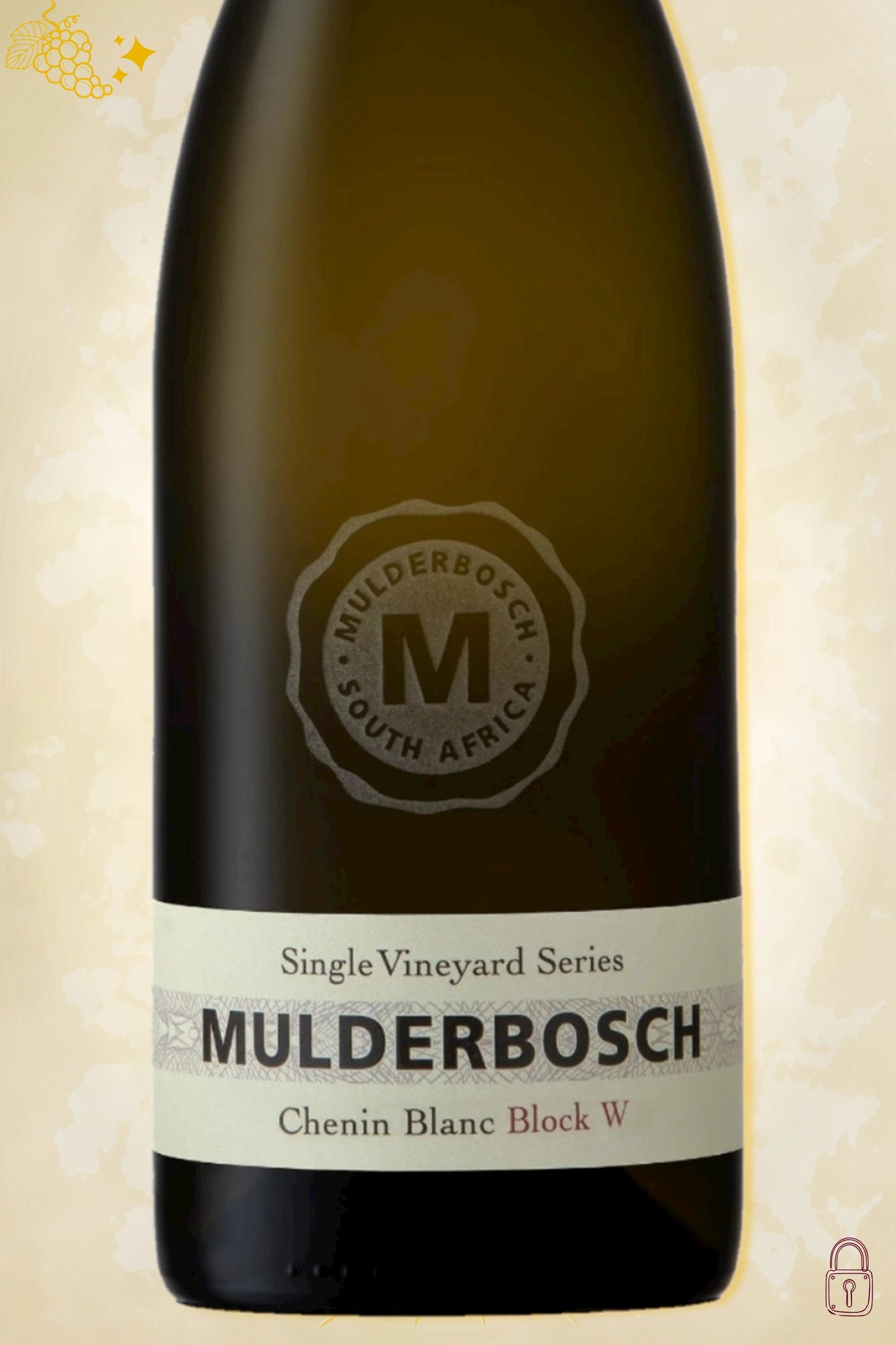Close-up label Mulderbosch Chenin Blanc Block W 2020 – wijnhuisdetails en vintage zichtbaar