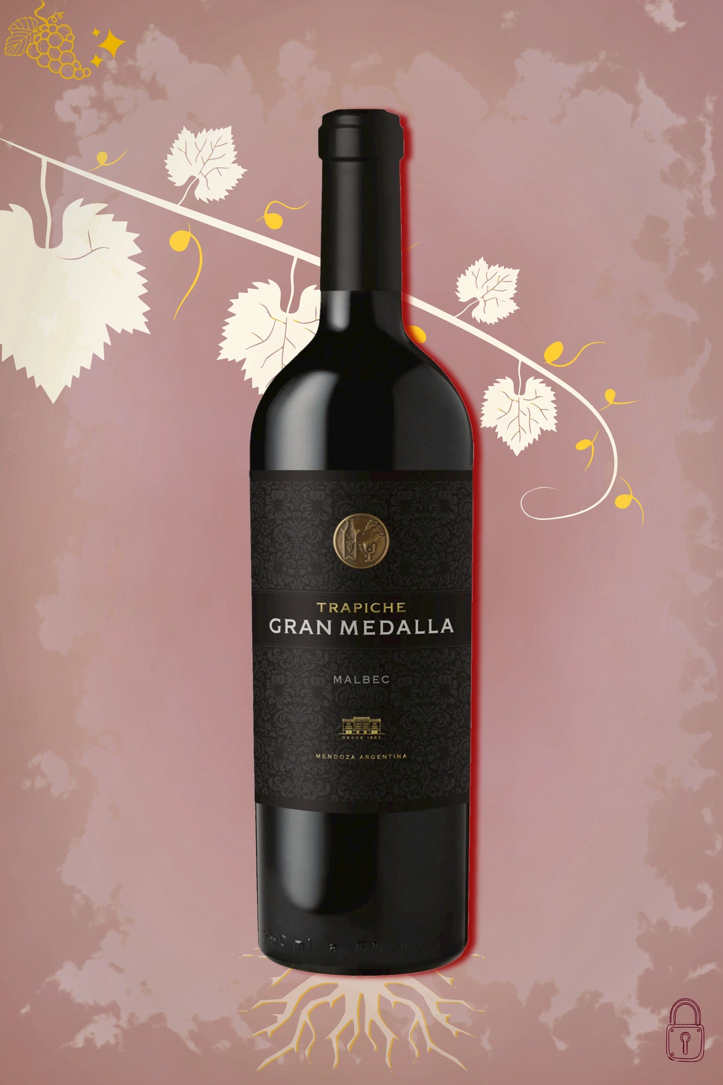 Trapiche Gran Medalla Malbec 2019 tegen bordeaux achtergrond – premium rode wijn