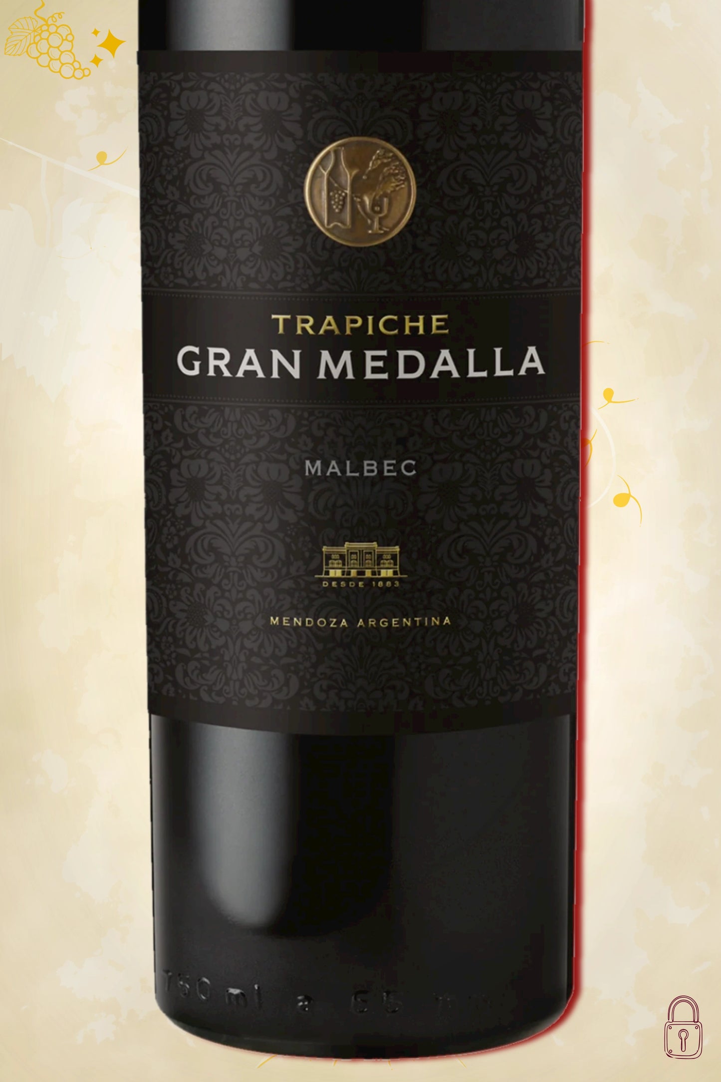 Close-up label Trapiche Gran Medalla Malbec 2019 – logo en vintage details