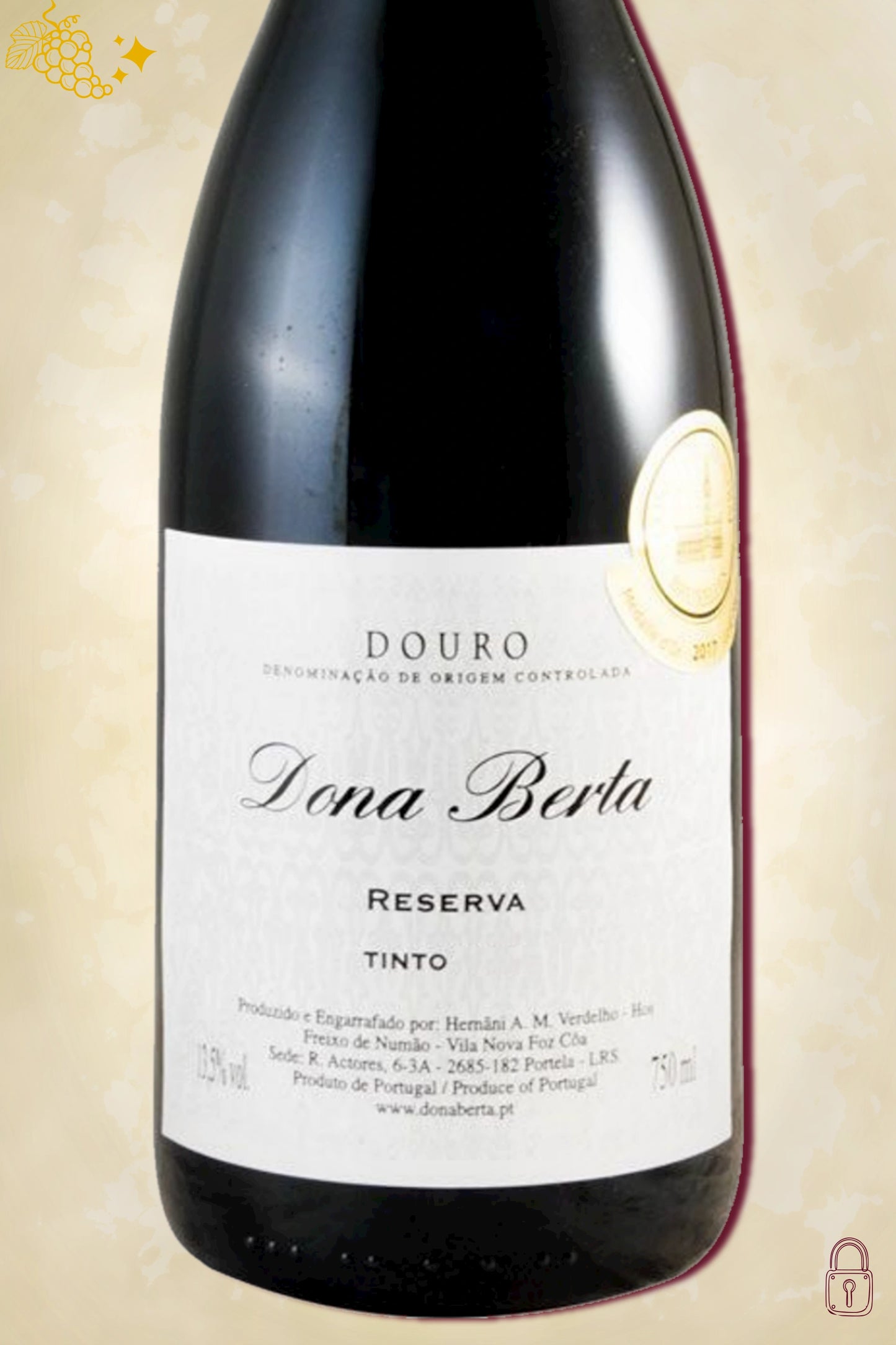 Close-up label Dona Berta Reserva Tinto 2017 – Douro wijnhuisdetails zichtbaar