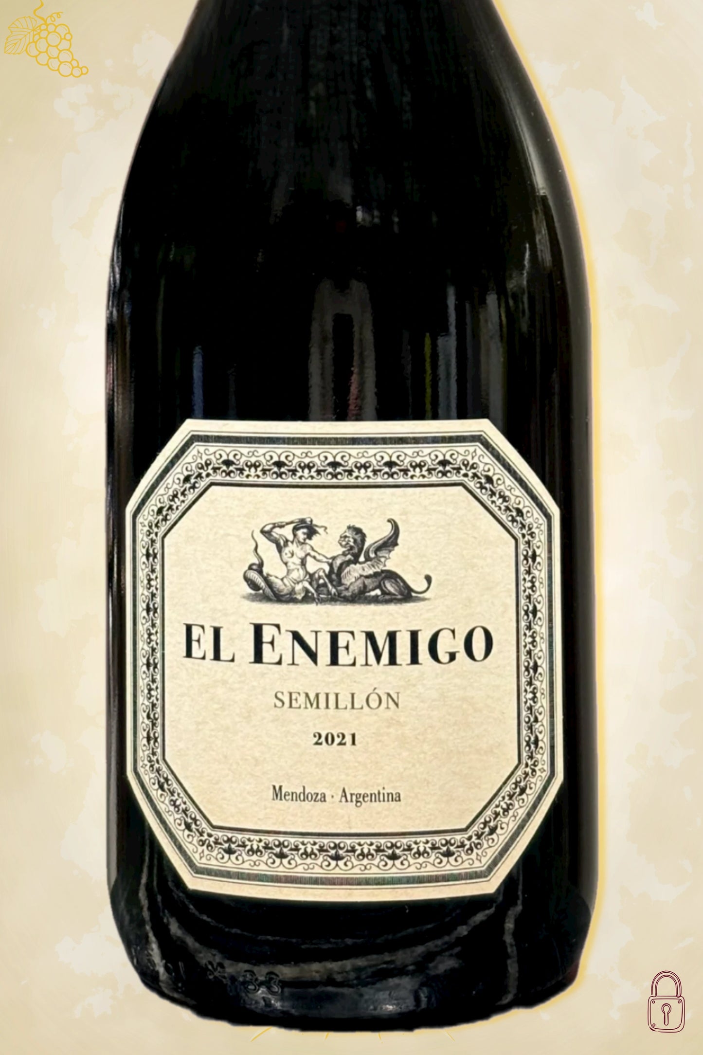 Close-up label El Enemigo Semillon 2021 – logo en vintage details zichtbaar