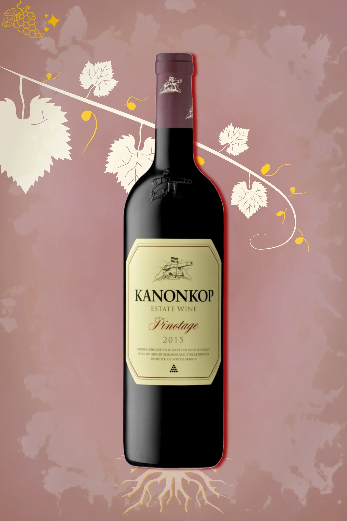 Fles Kanonkop Pinotage 2015 uit Zuid-Afrika tegen bordeauxrode achtergrond.