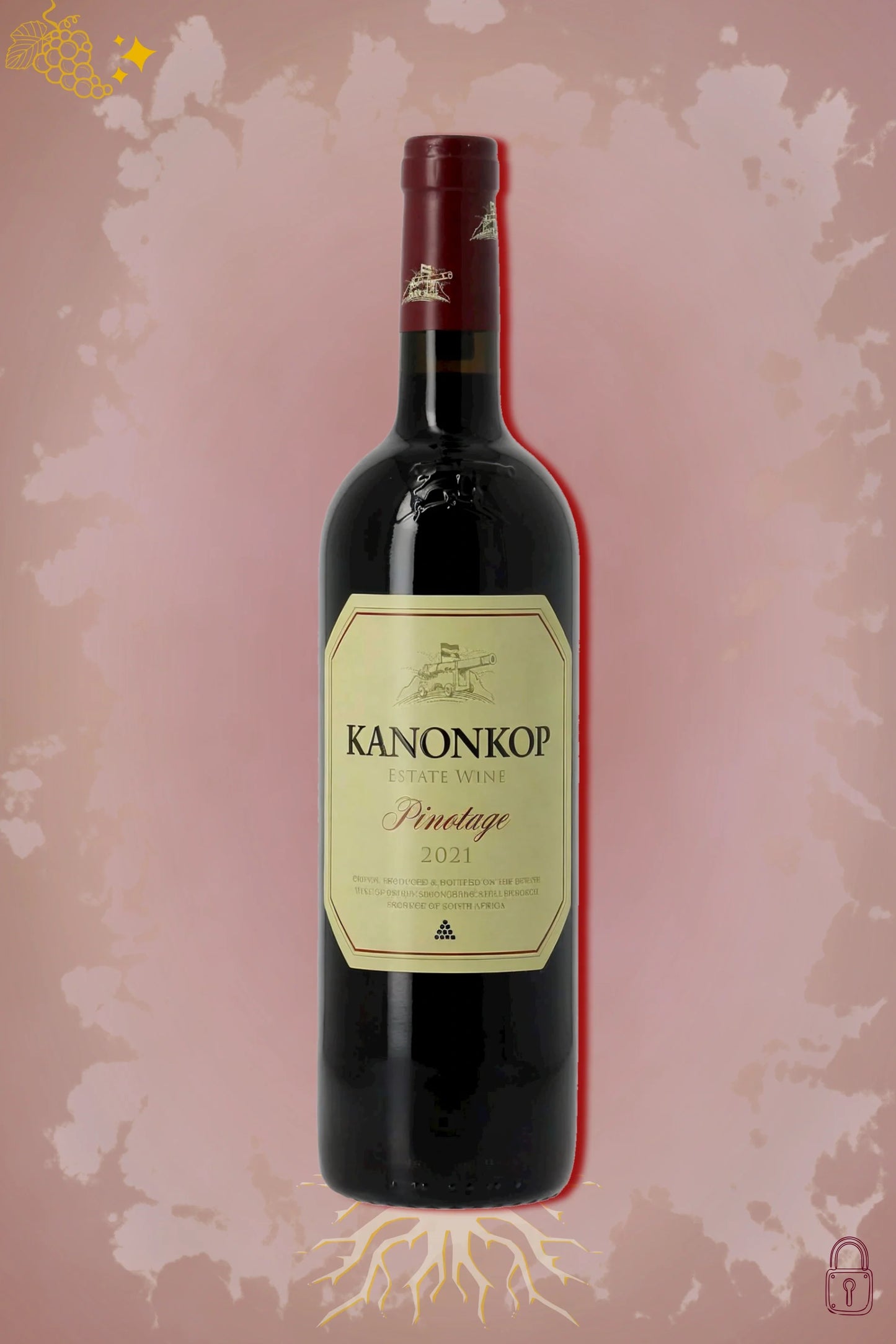Fles Kanonkop Pinotage 2021 uit Stellenbosch, Zuid-Afrika, tegen bordeauxrode achtergrond.
