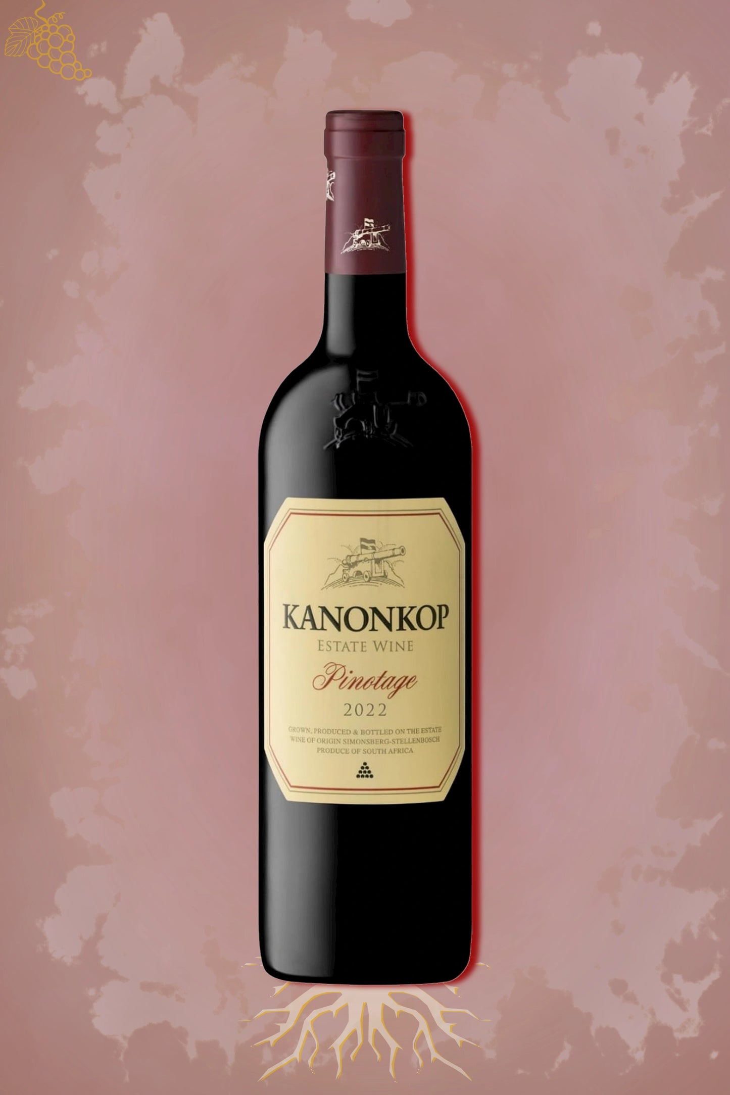Kanonkop Pinotage 2022 tegen bordeaux achtergrond – krachtige rode wijn