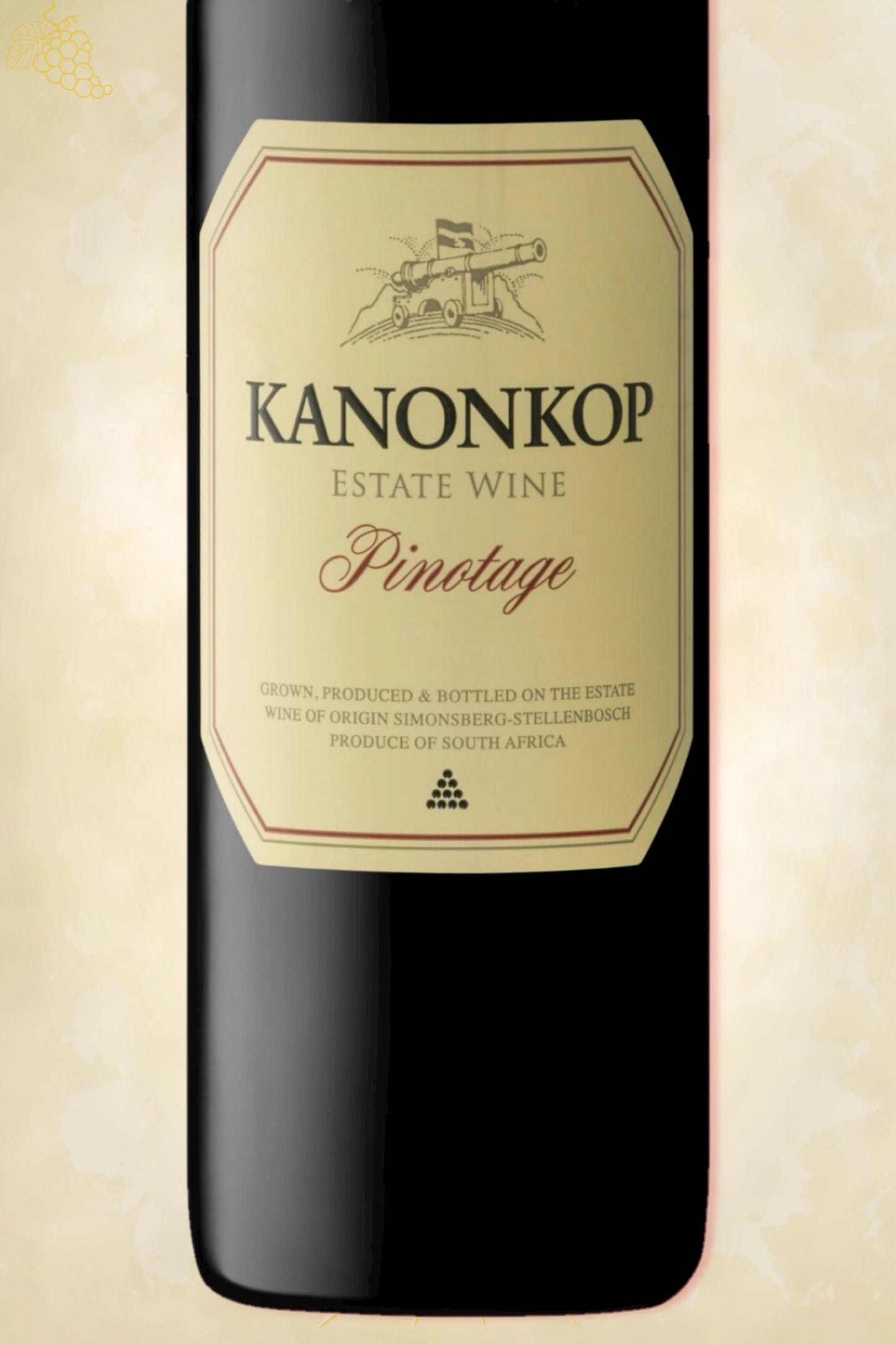 Close-up label Kanonkop Pinotage - producent details zichtbaar