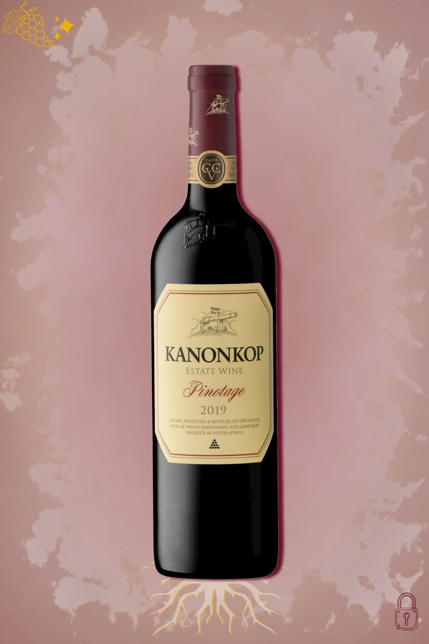 Kanonkop Pinotage 2019 tegen bordeaux achtergrond – premium rode wijn