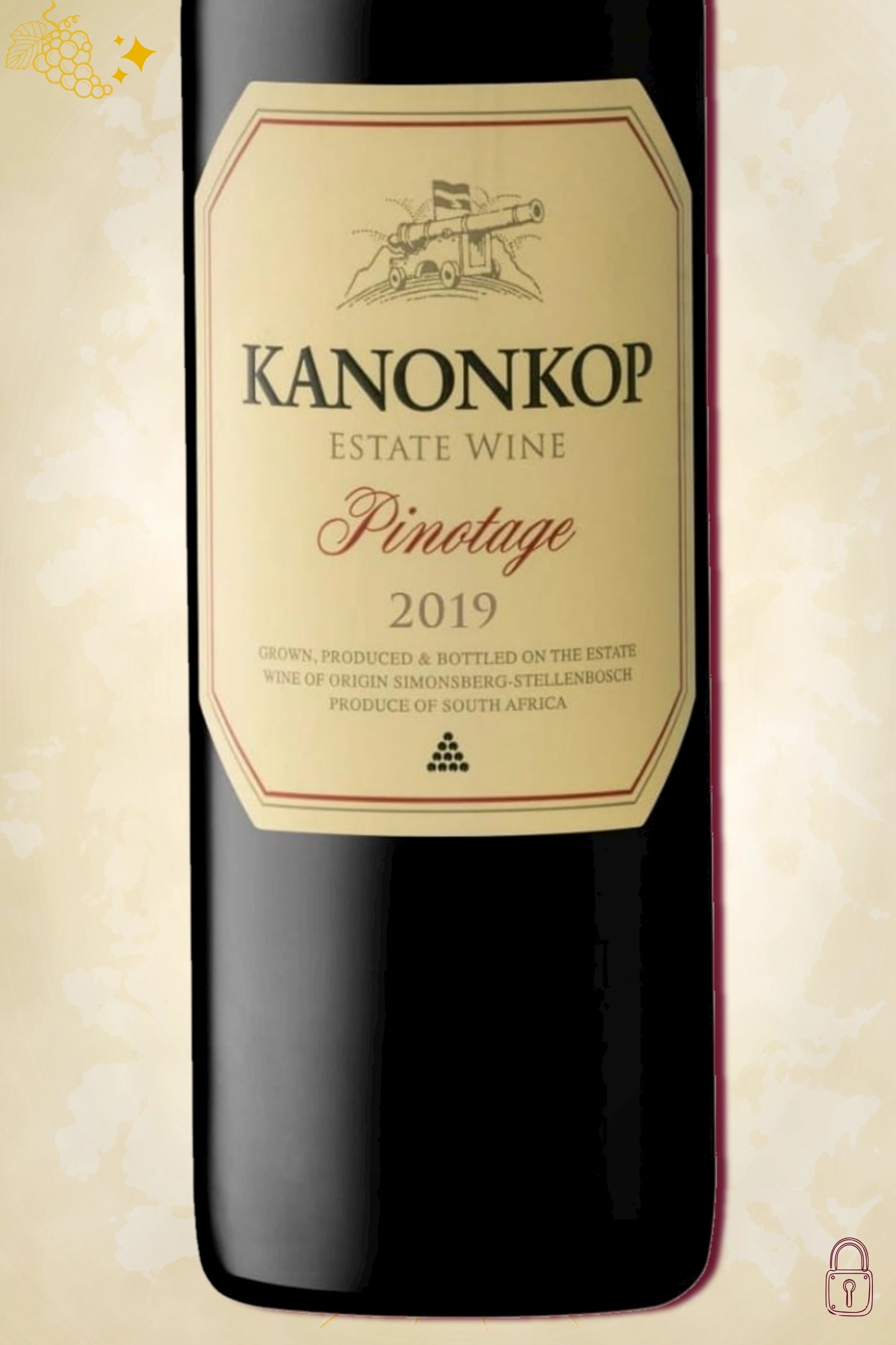 Close-up label Kanonkop Pinotage 2019 – Kanonkop logo en vintage details zichtbaar