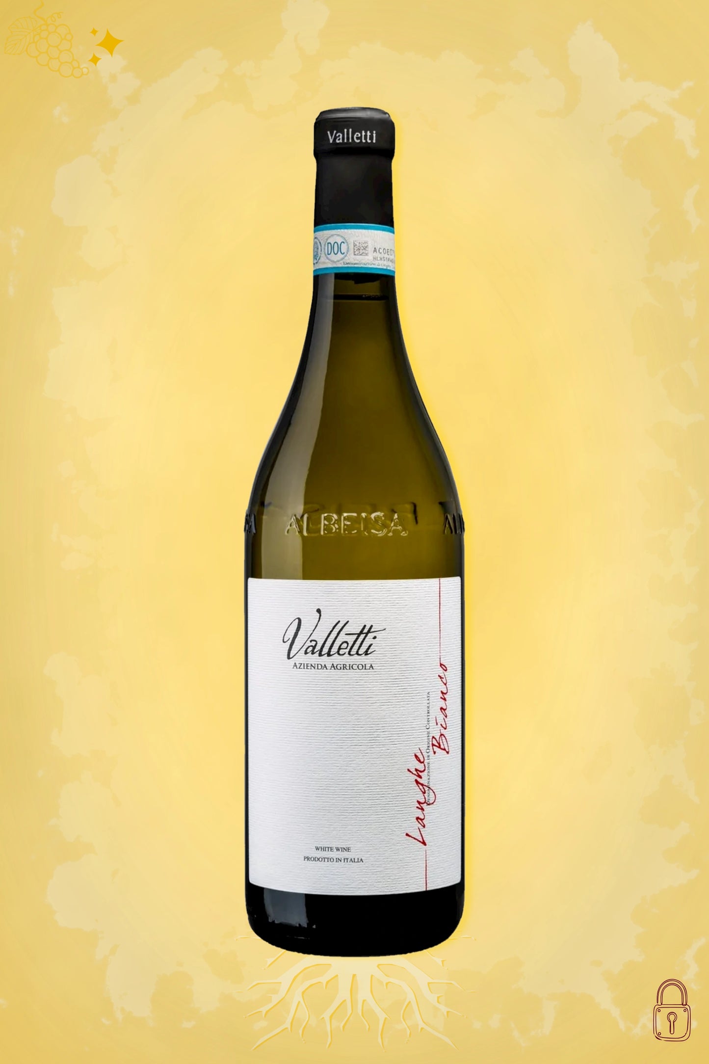 Valletti Langhe Bianco 2021 tegen gouden achtergrond – frisse premium witte wijn