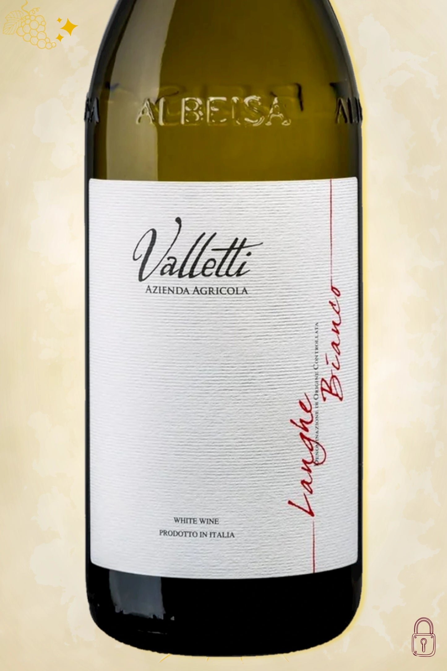 Close-up label Valletti Langhe Bianco 2021 – logo en vintage duidelijk zichtbaar