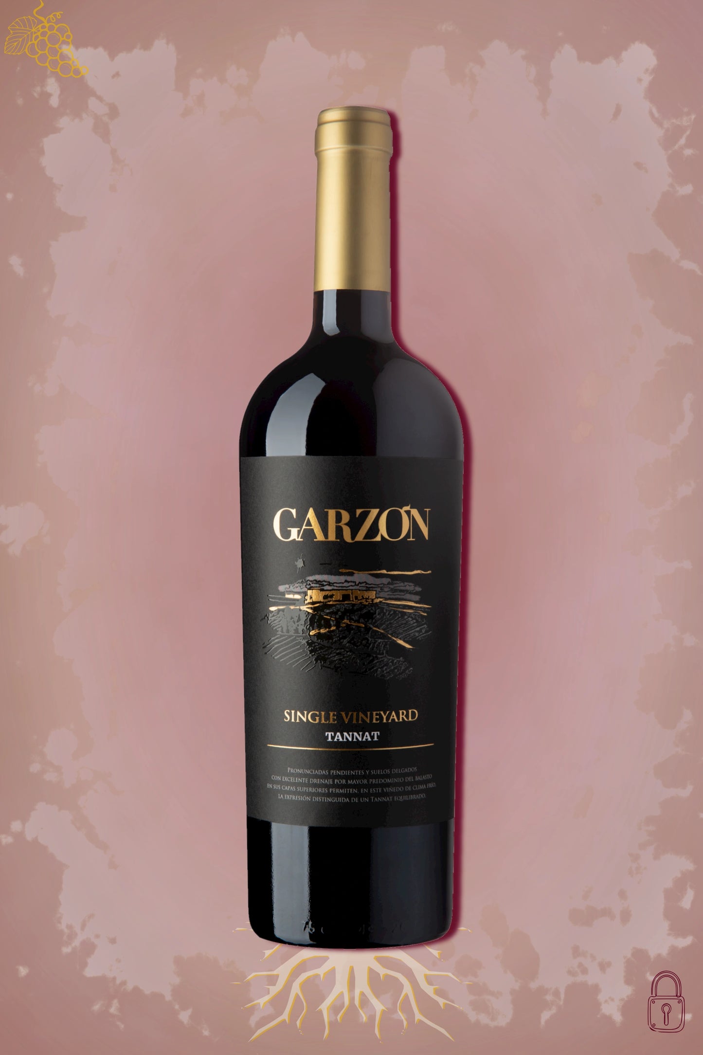 Bodega Garzón Single Vineyard Tannat 2020 tegen bordeaux achtergrond – premium rode wijn