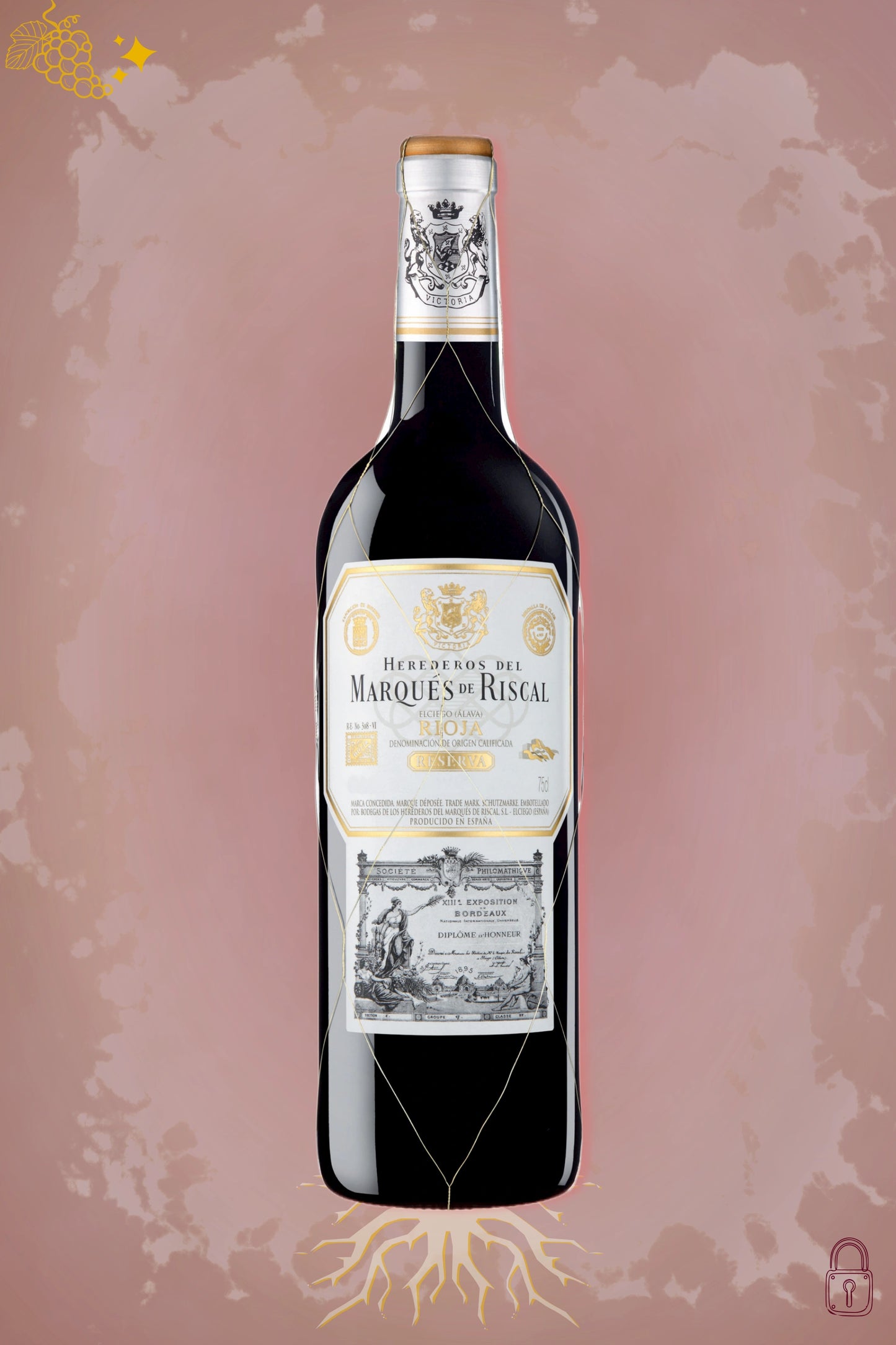 Marqués de Riscal Rioja Reserva 2019 tegen bordeaux achtergrond – premium Spaanse rode wijn