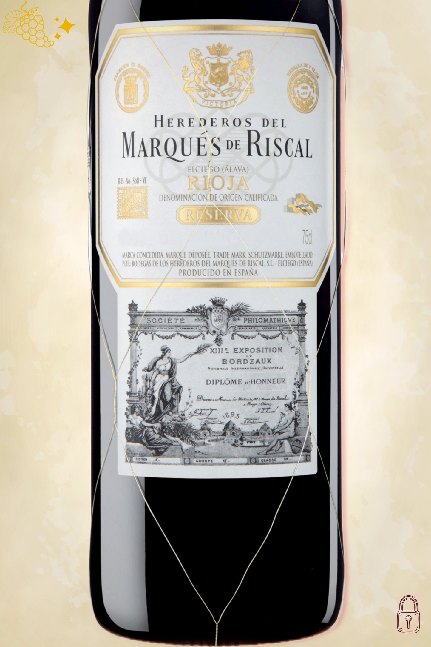 Close-up label Marqués de Riscal Rioja Reserva 2019 – logo en vintage details zichtbaar