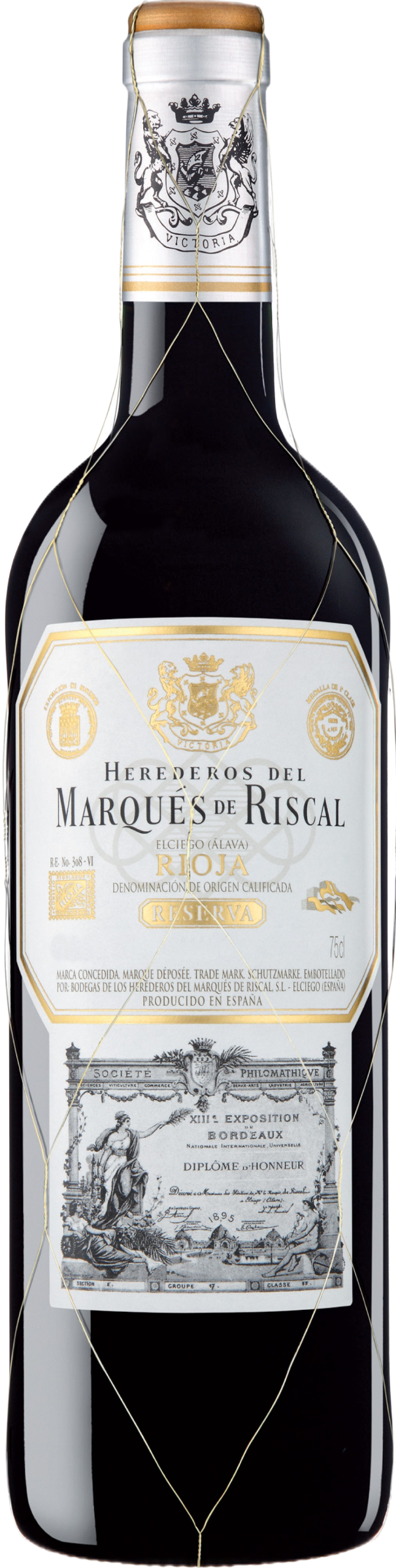 Marqués de Riscal Rioja Reserva 2019 tegen bordeaux achtergrond – premium Spaanse rode wijn