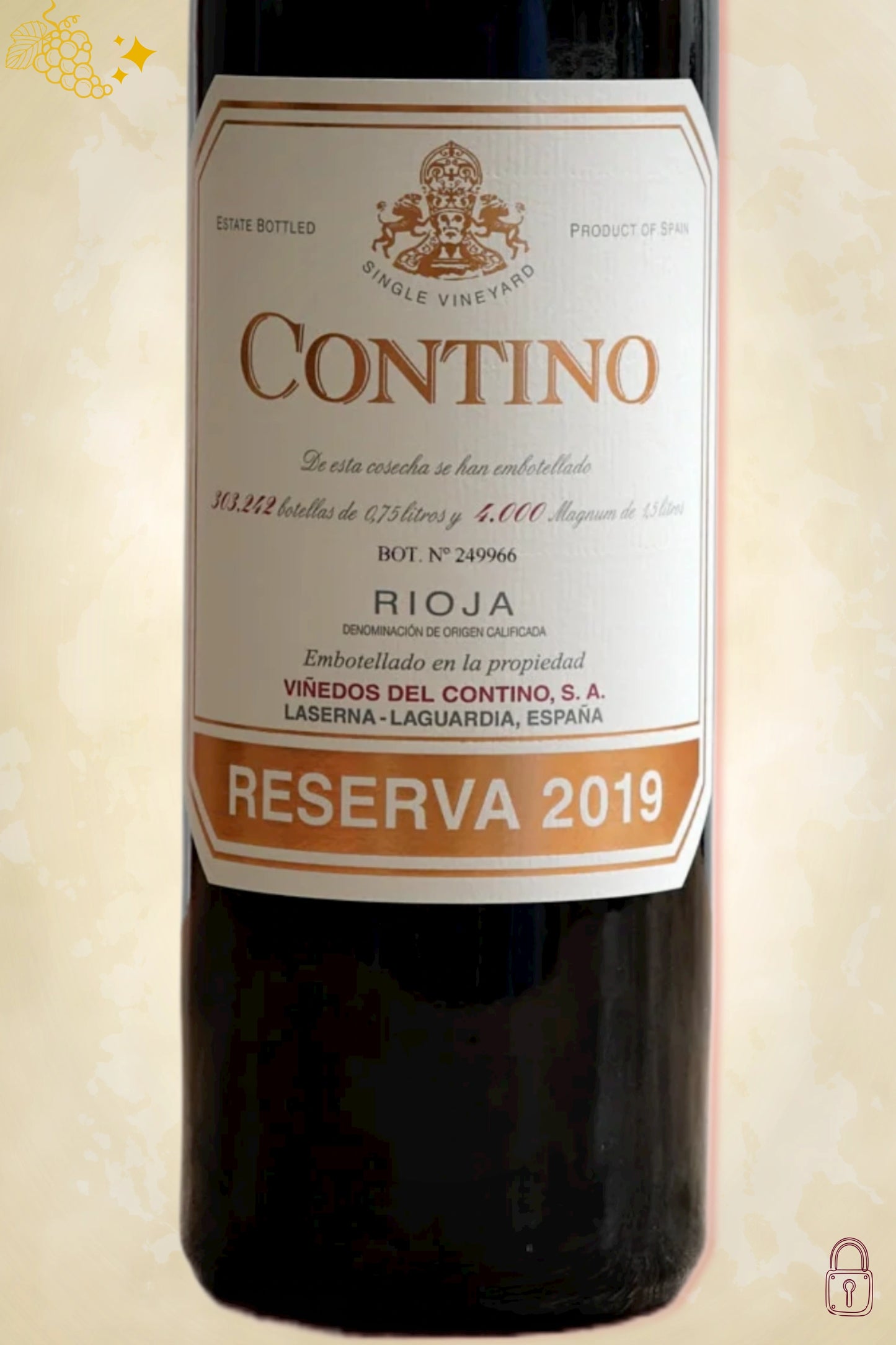 Close-up label Contino Rioja Reserva 2019 – logo en vintage details