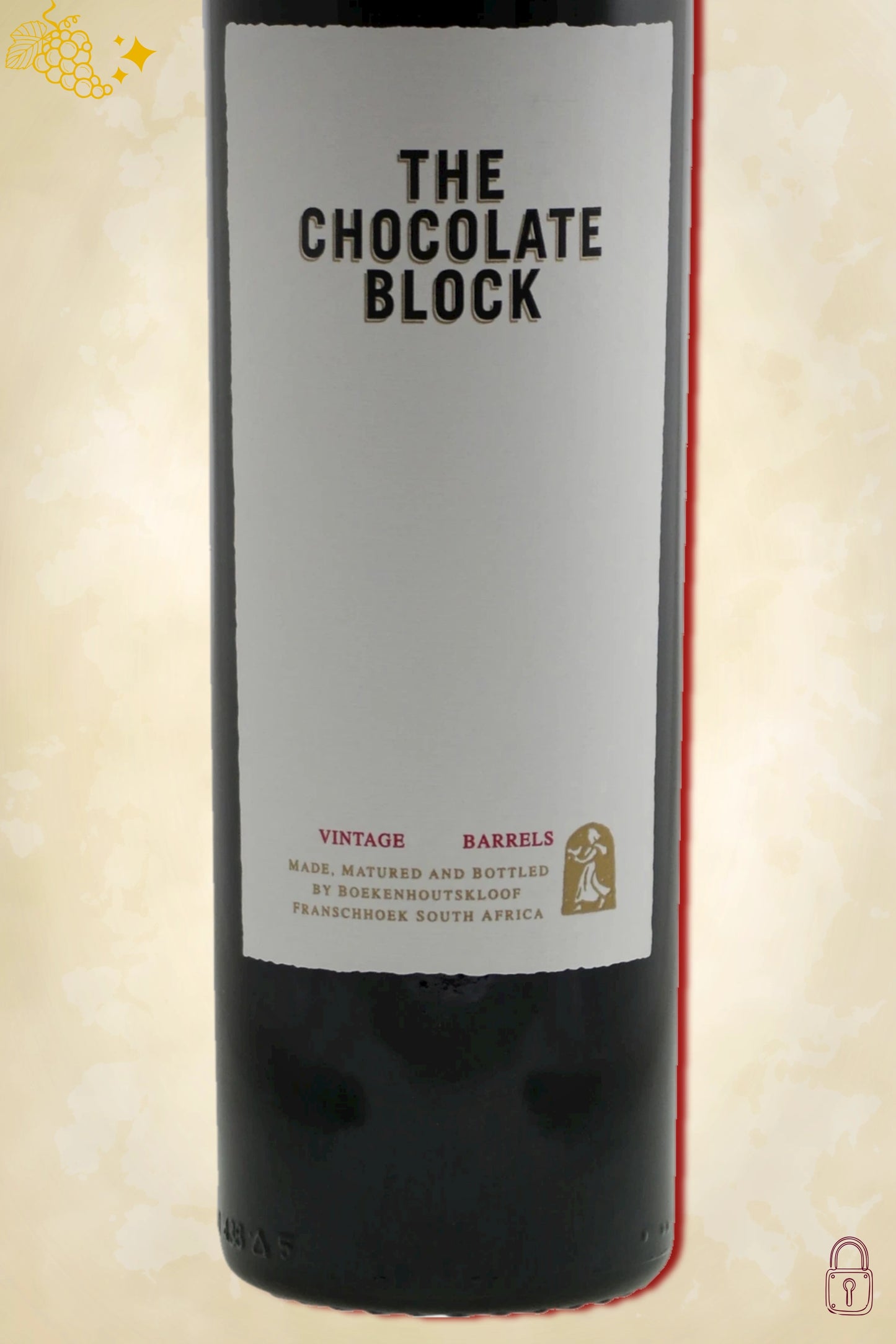 Close-up label Boekenhoutskloof The Chocolate Block 2019 – wijnhuislogo en vintage details zichtbaar