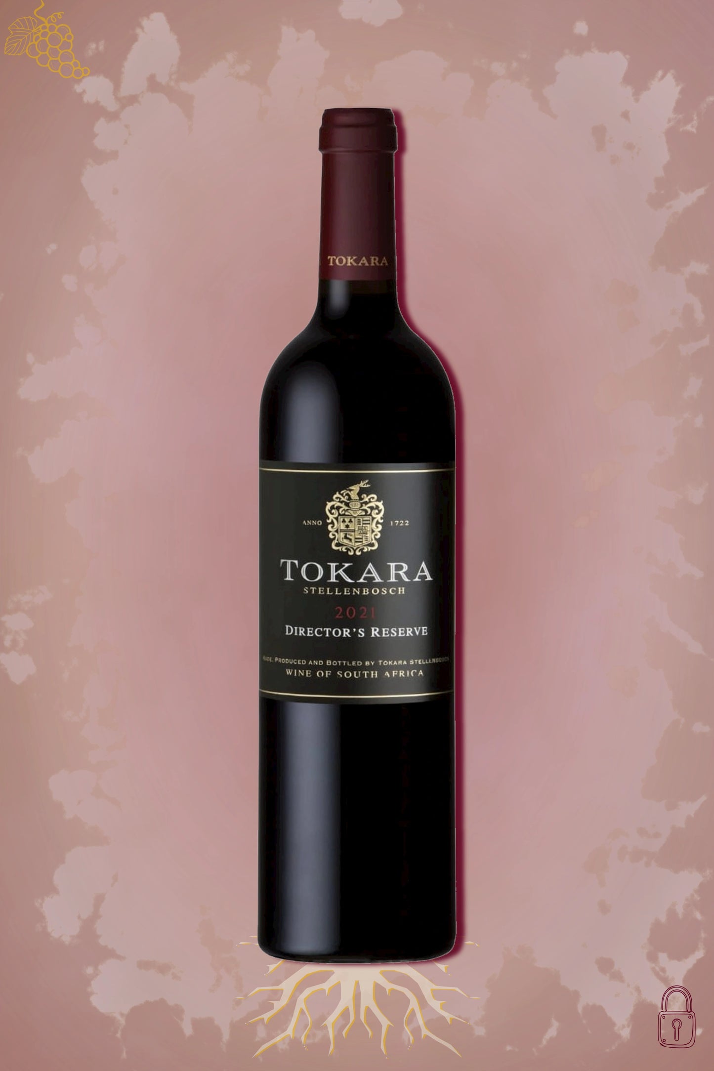 Tokara Director’s Reserve Red 2021 tegen bordeaux achtergrond – premium rode blend