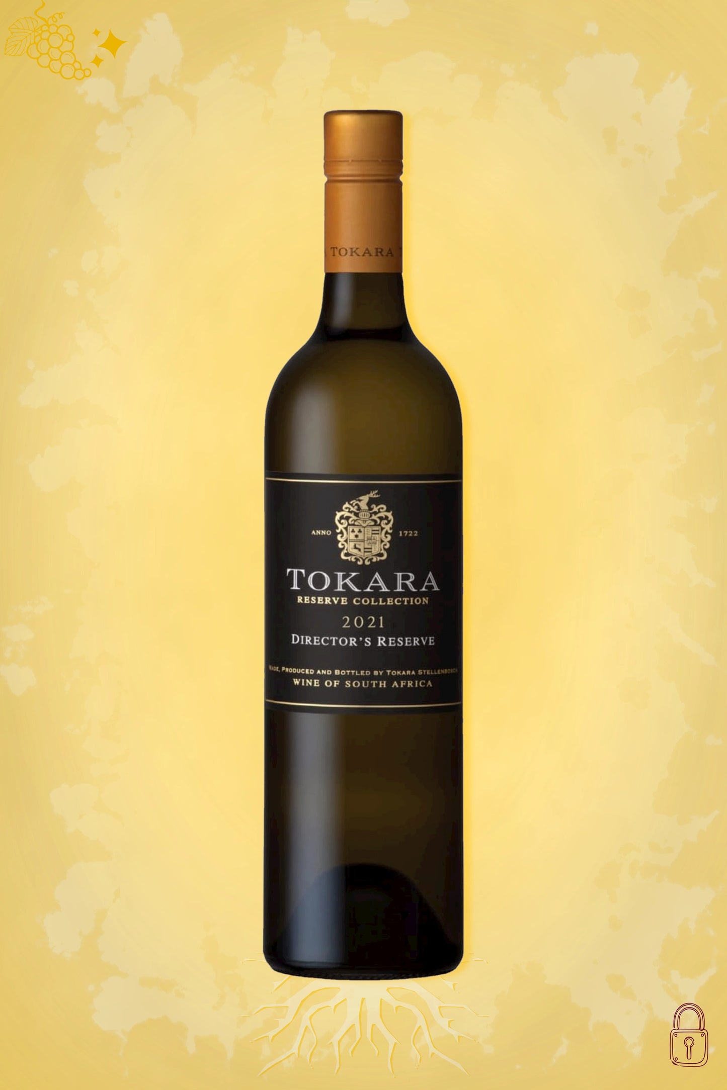 Tokara Director’s Reserve White 2021 tegen gouden achtergrond – premium witte wijn