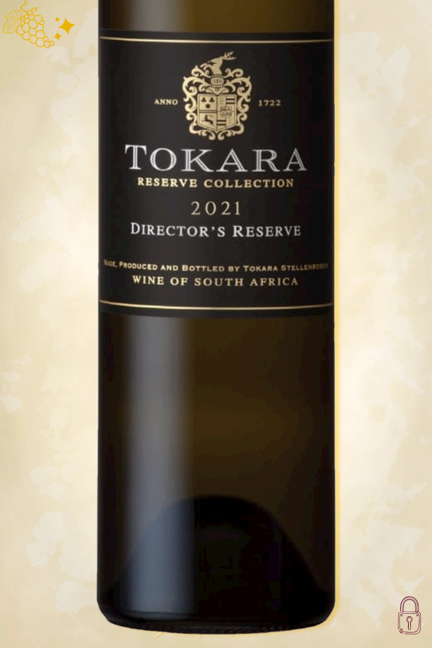Close-up label Tokara Director’s Reserve White 2021 – Tokara logo en vintage details