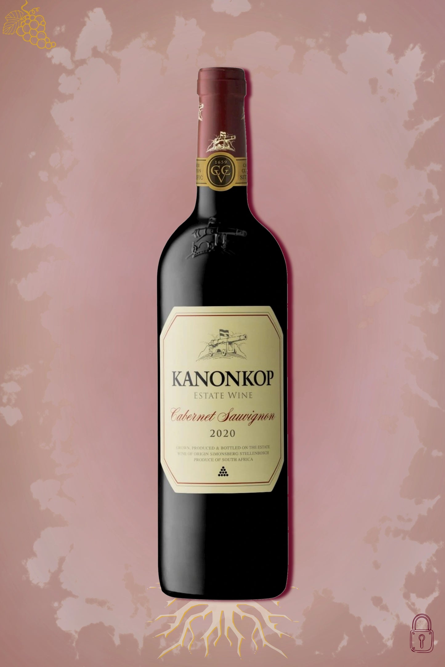 Kanonkop Cabernet Sauvignon 2020 tegen bordeaux achtergrond – krachtige rode wijn