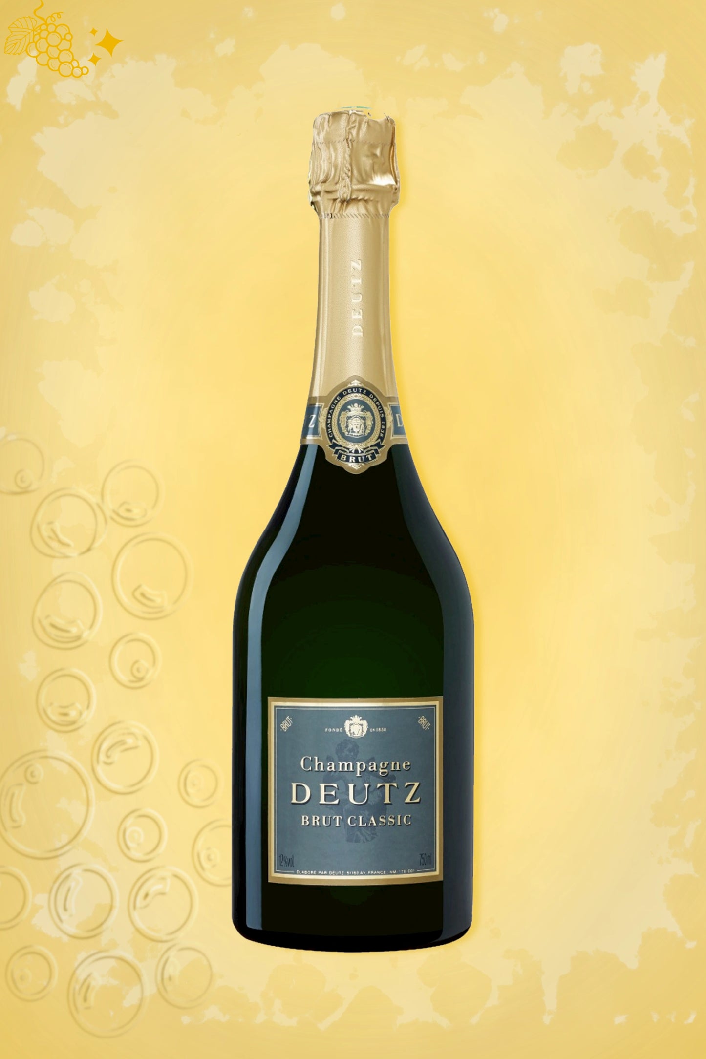 Deutz Brut Classic NV tegen gouden achtergrond – elegante mousserende wijn