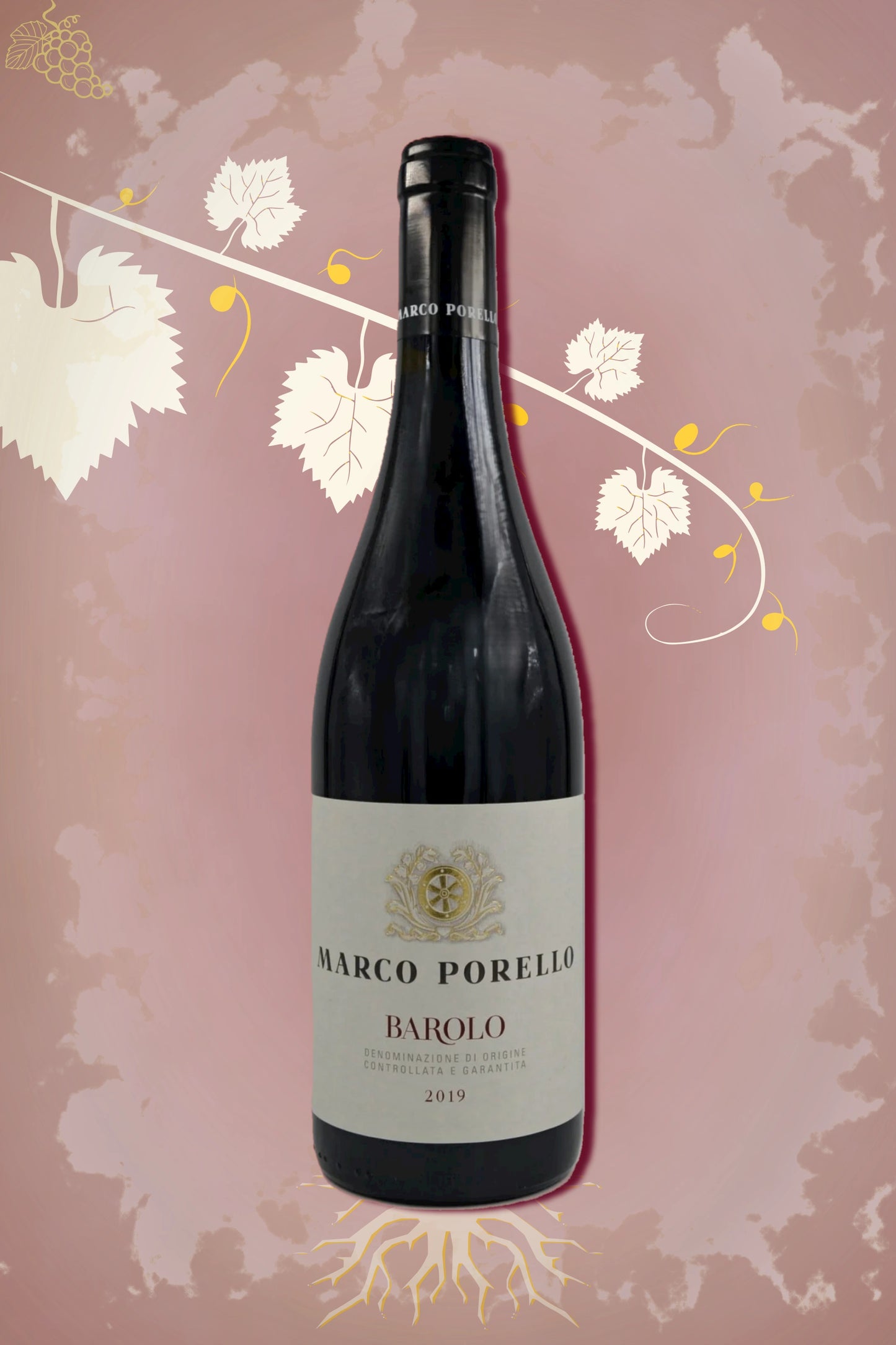 Porello Barolo 2019 tegen bordeaux achtergrond – premium Nebbiolo wijn