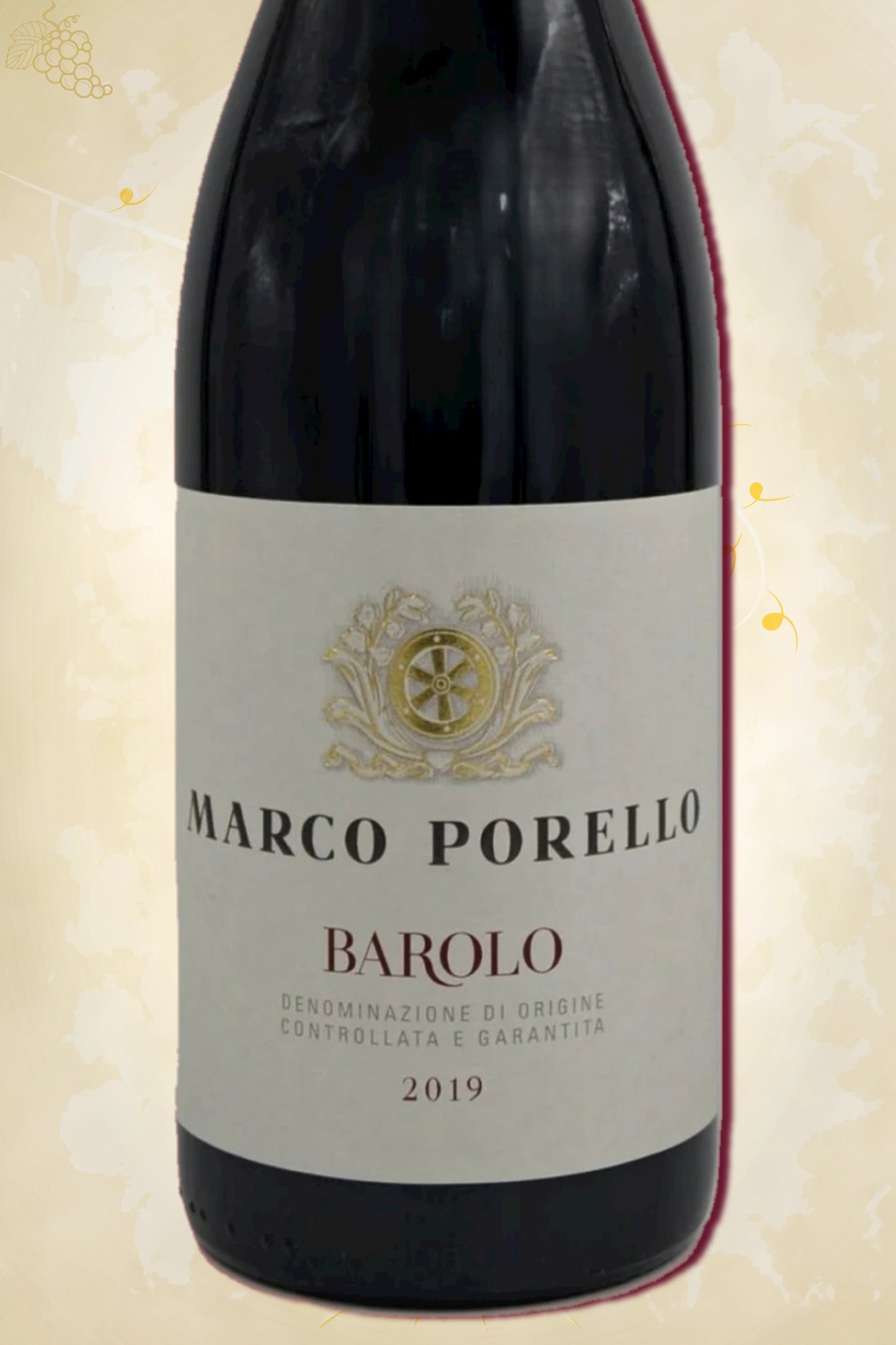 Close-up label Porello Barolo 2019 – Porello logo en vintage details