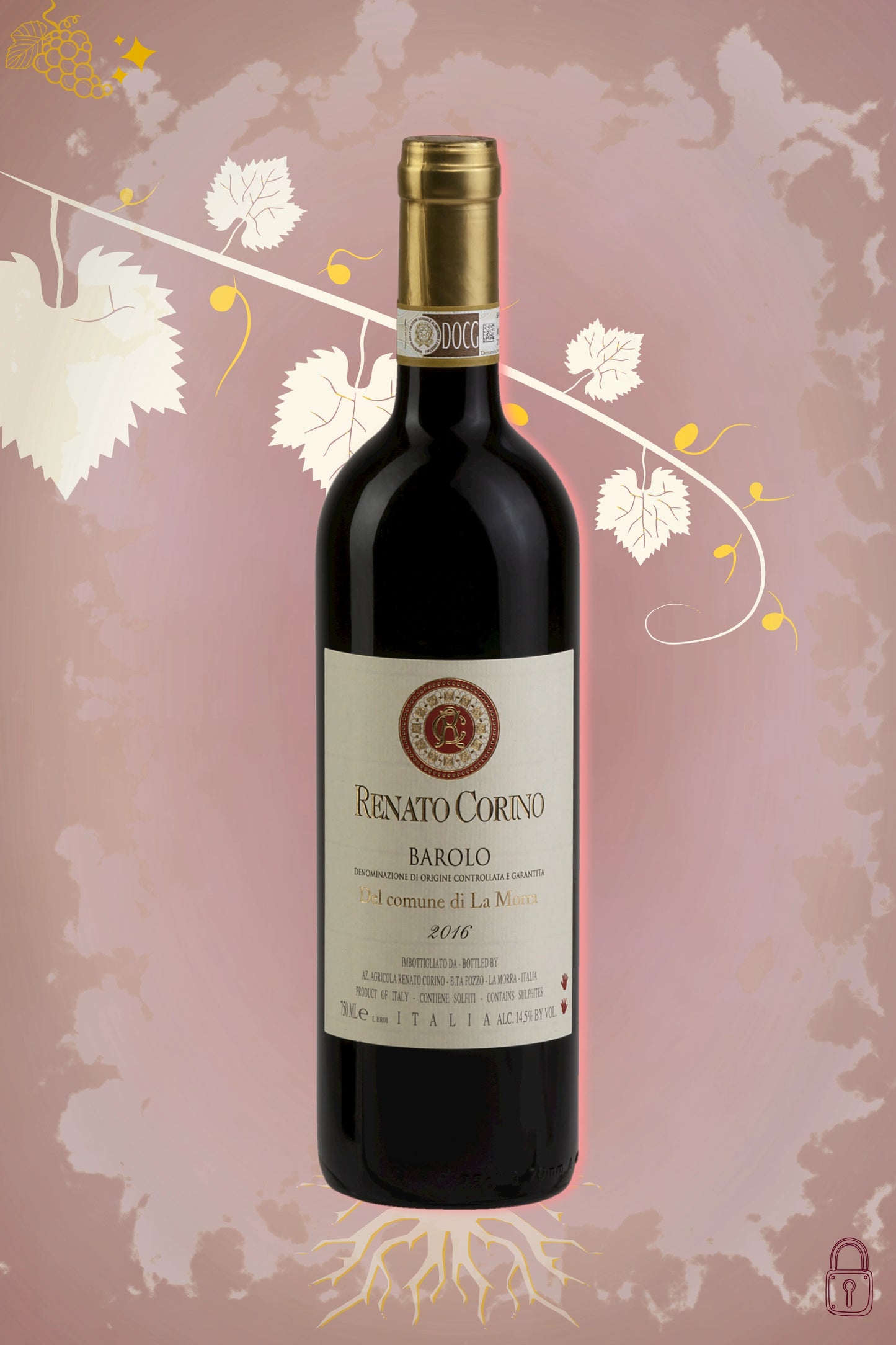 Renato Corino Barolo La Morra 2016 tegen bordeaux achtergrond – premium Nebbiolo wijn