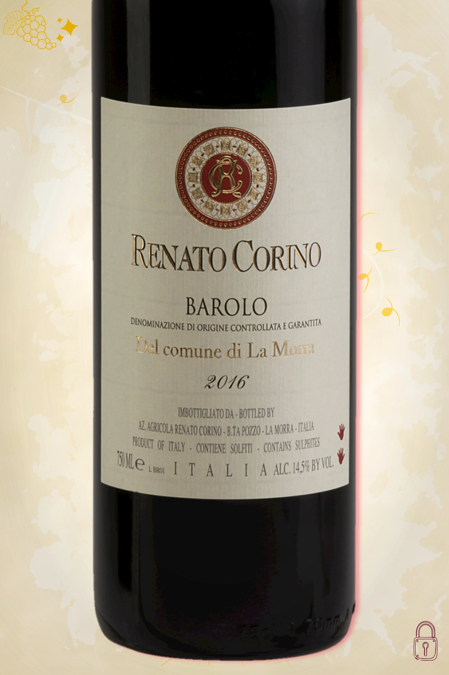 Close-up label Renato Corino Barolo La Morra 2016 – Renato Corino logo en vintage details