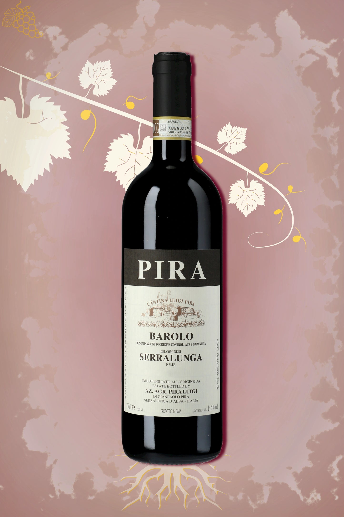 Luigi Pira Barolo Serralunga 2019 tegen bordeaux achtergrond – premium Nebbiolo wijn