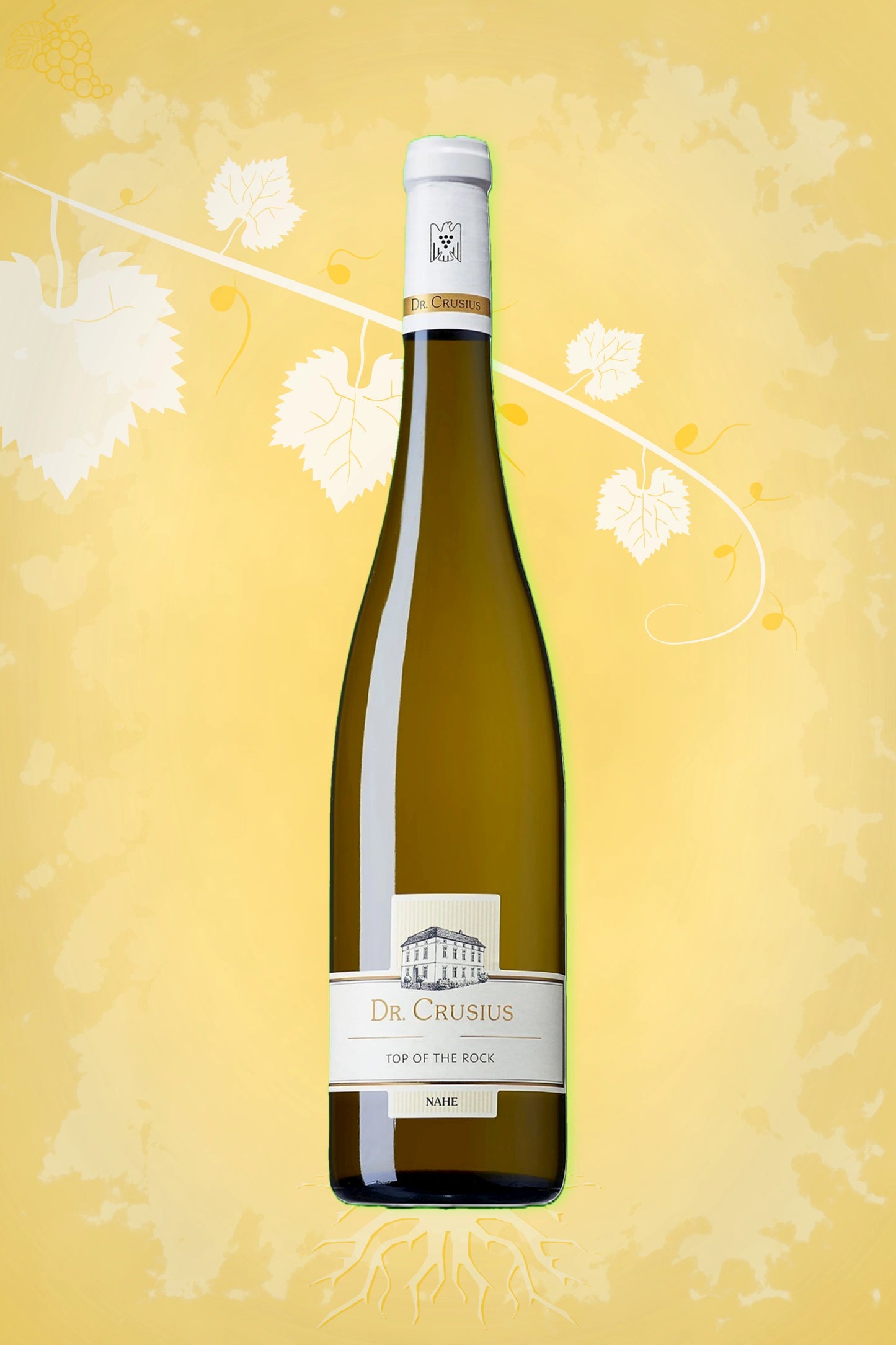 Dr. Crusius Riesling Top of the Rock 2023 tegen gouden achtergrond – premium droge Riesling