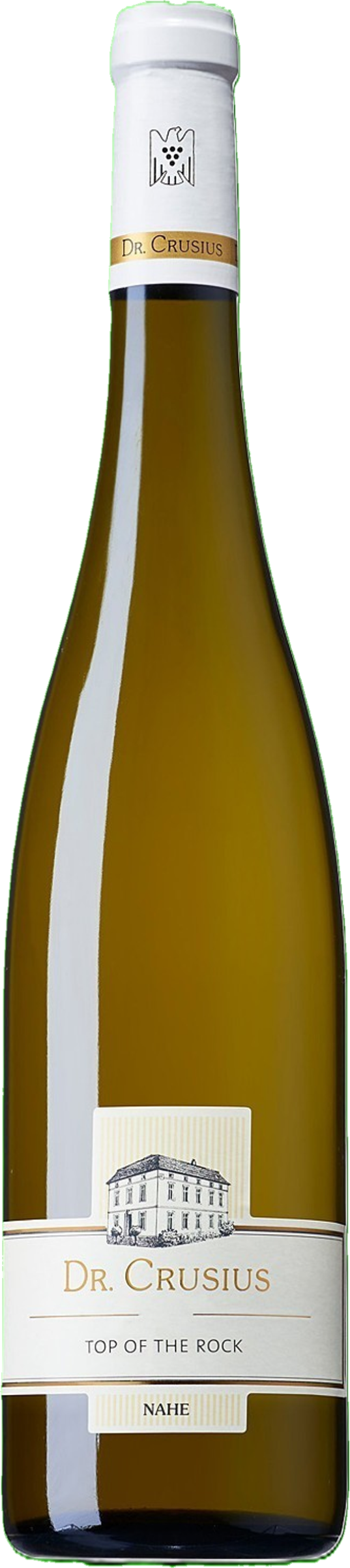 Dr. Crusius Riesling Top of the Rock 2023 tegen gouden achtergrond – premium droge Riesling