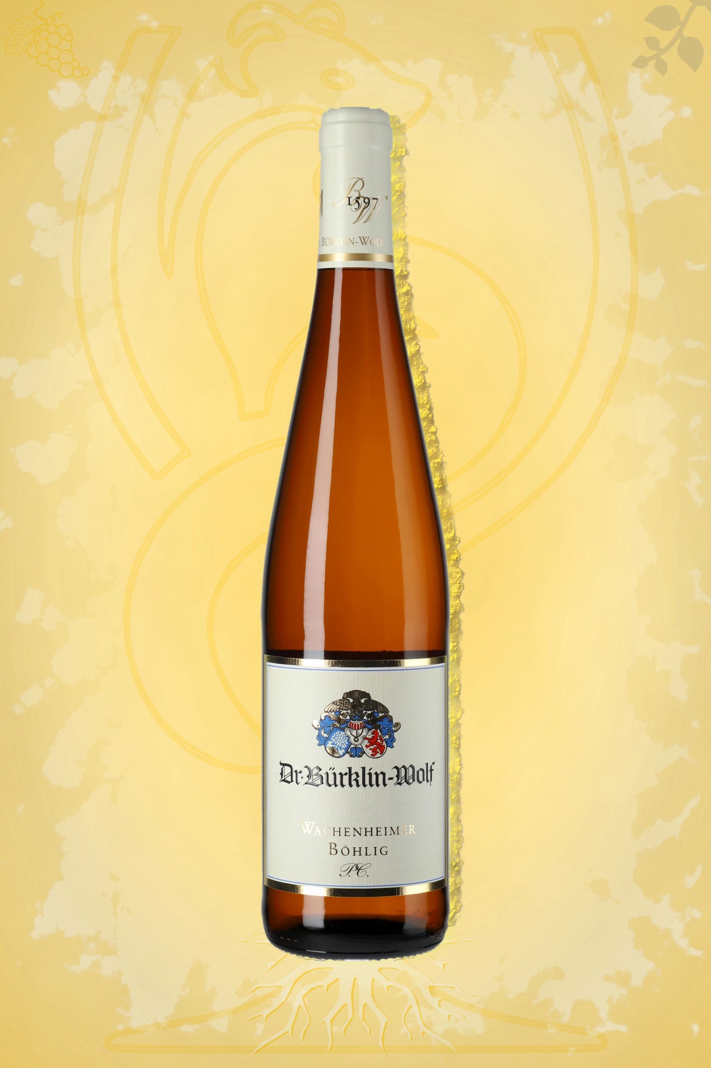 Dr. Bürklin-Wolf Riesling Wachenheimer Böhlig P.C. 2023 tegen gouden achtergrond – premium biodynamische Riesling