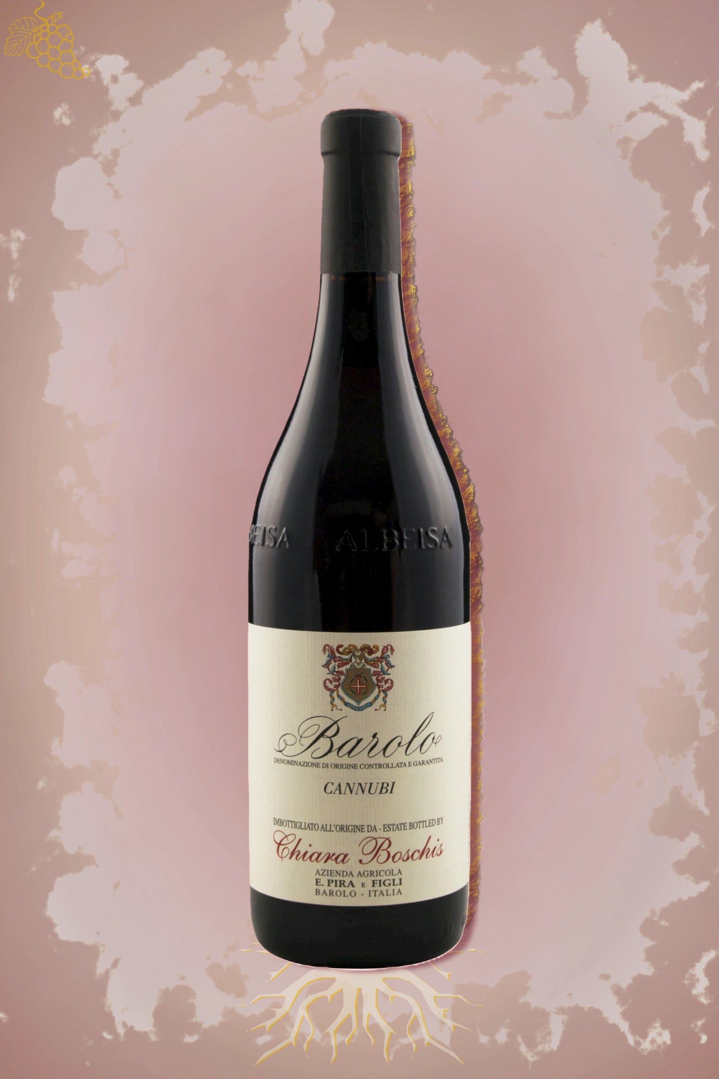 E. Pira e Figli Barolo Cannubi 2017 tegen bordeaux achtergrond – premium Nebbiolo wijn