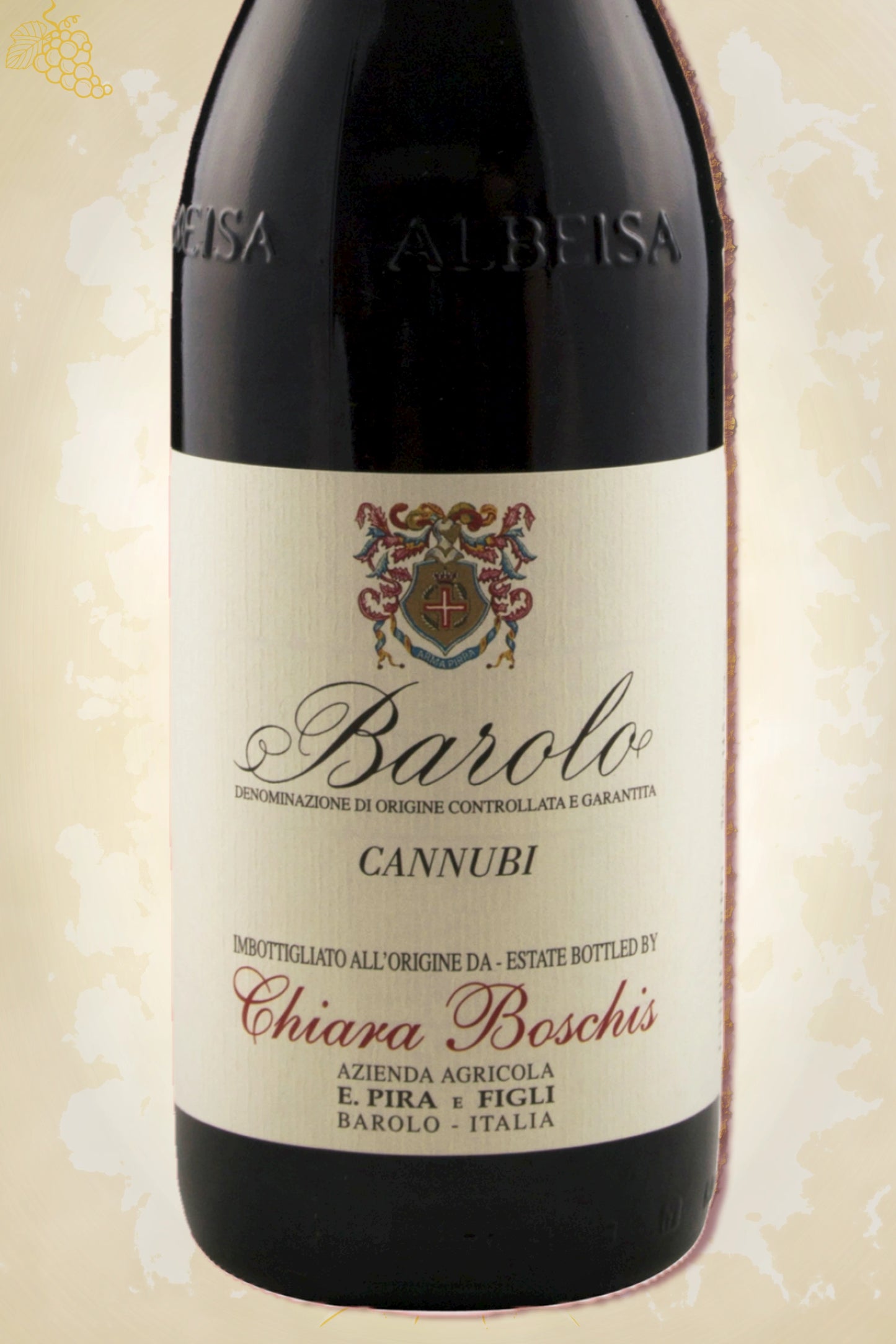 Close-up label E. Pira e Figli Barolo Cannubi 2017 – Chiara Boschis logo en vintage details