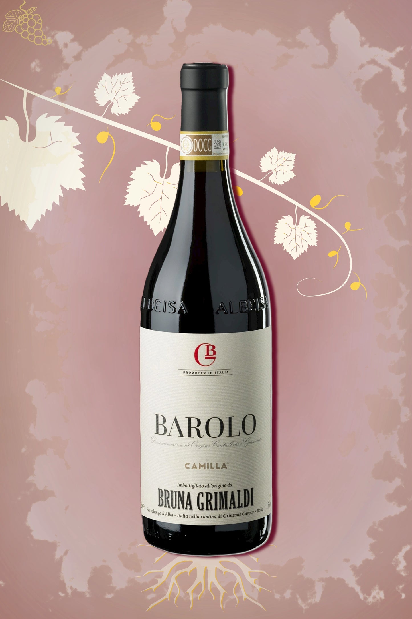 Bruna Grimaldi Barolo Camilla 2021 tegen bordeaux achtergrond – premium Nebbiolo wijn