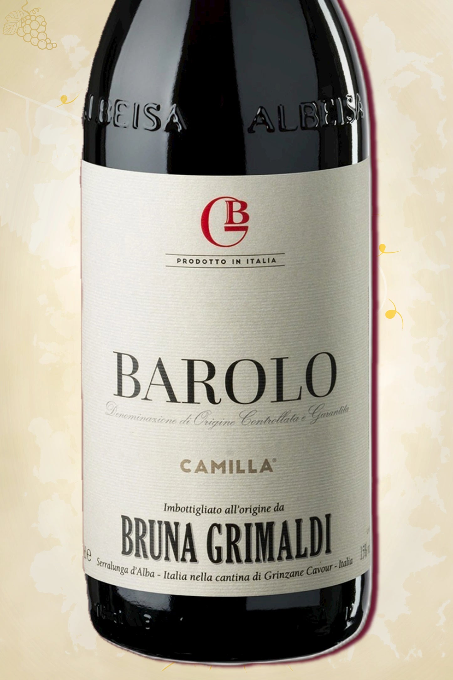Close-up label Bruna Grimaldi Barolo Camilla 2021 – Bruna Grimaldi logo en vintage details