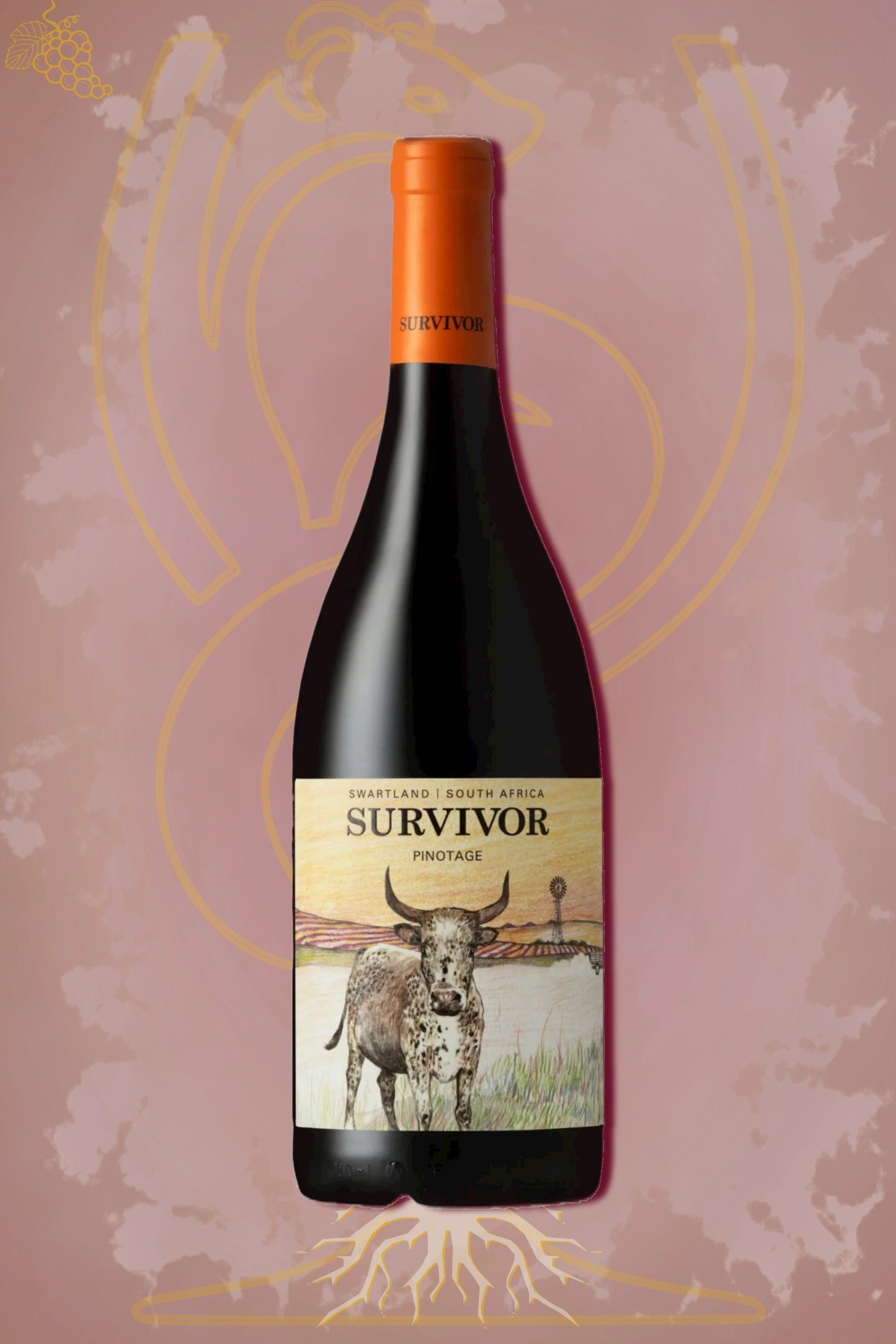 Survivor Pinotage 2022 tegen bordeaux achtergrond – premium rode wijn