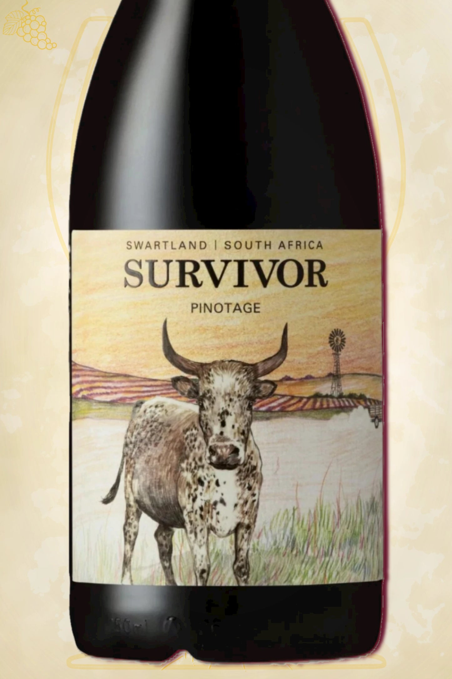 Close-up label Survivor Pinotage 2022 – Survivor logo en vintage details