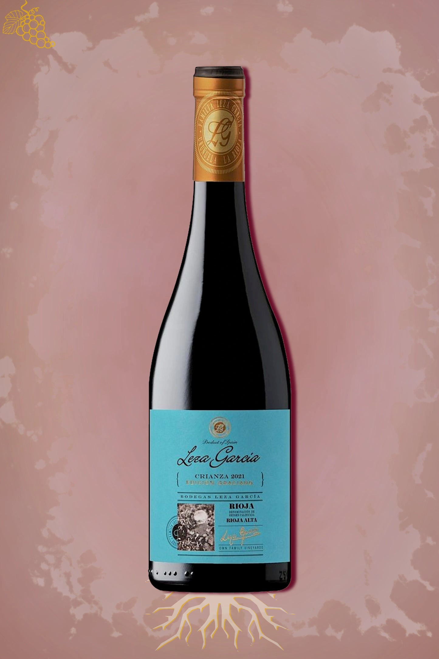 Leza García Rioja Graciano Crianza 2021 tegen bordeaux achtergrond – premium rode wijn