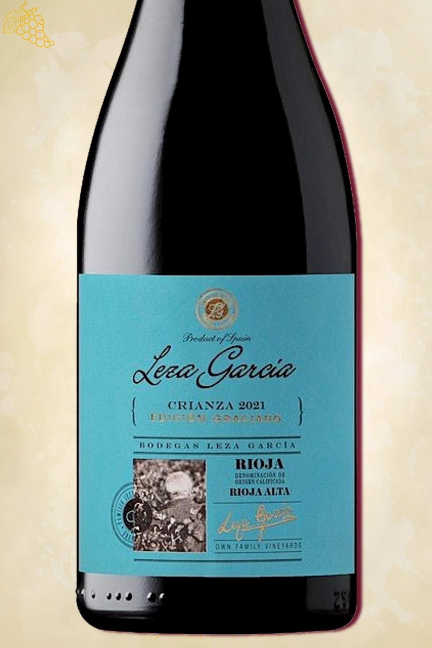 Close-up label Leza García Rioja Graciano Crianza 2021 – producent en vintage details zichtbaar