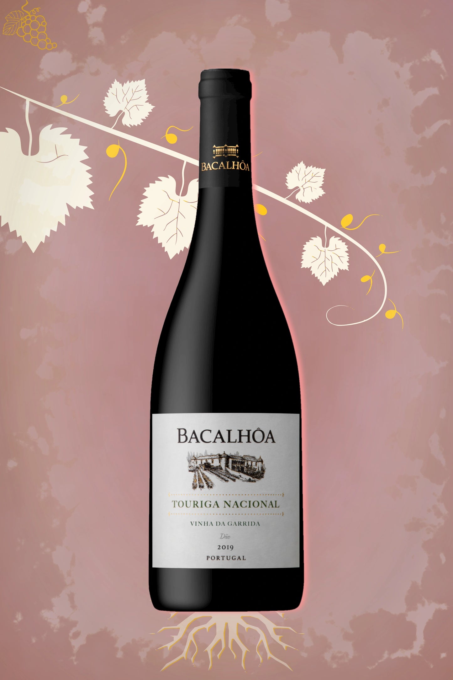 Bacalhôa Touriga Nacional 2019 tegen bordeaux achtergrond – premium rode wijn uit Dão