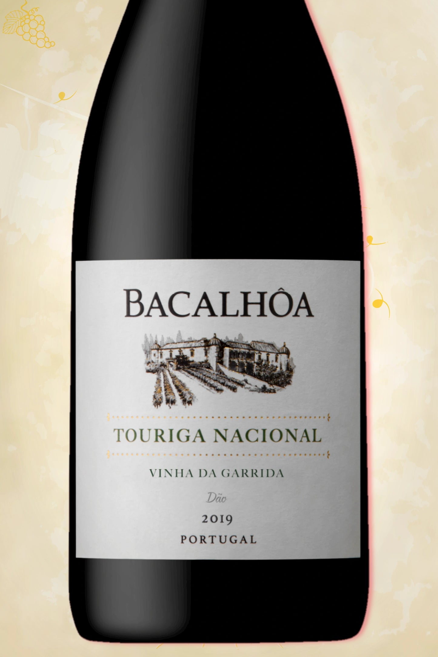 Close-up label Bacalhôa Touriga Nacional 2019 – Bacalhôa logo en vintage details zichtbaar